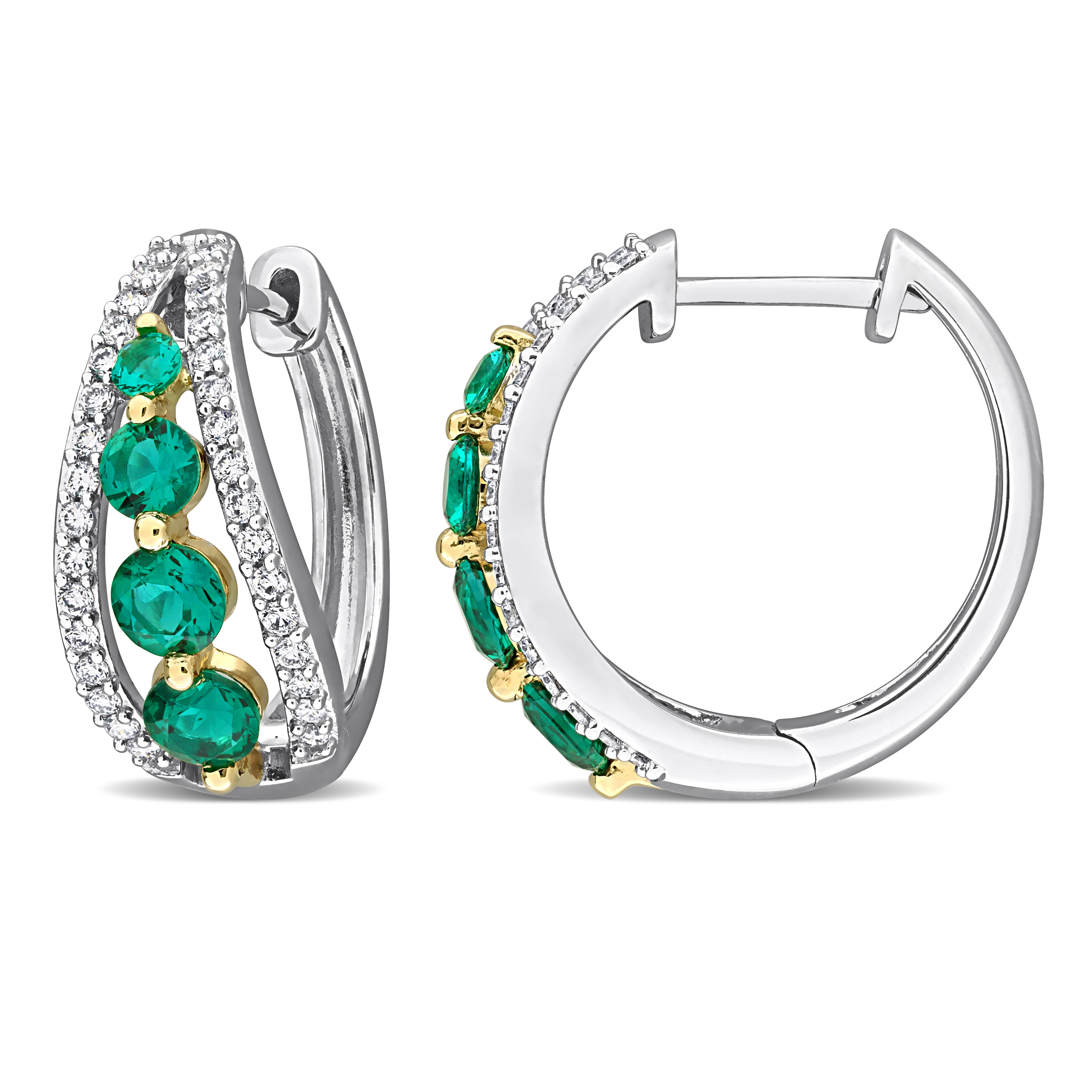 1 1/3ct TGW Created Emerald and 1/2ct Lab-Grown TW Diamond Hoop Earrings in 14k Two-Tone Gold