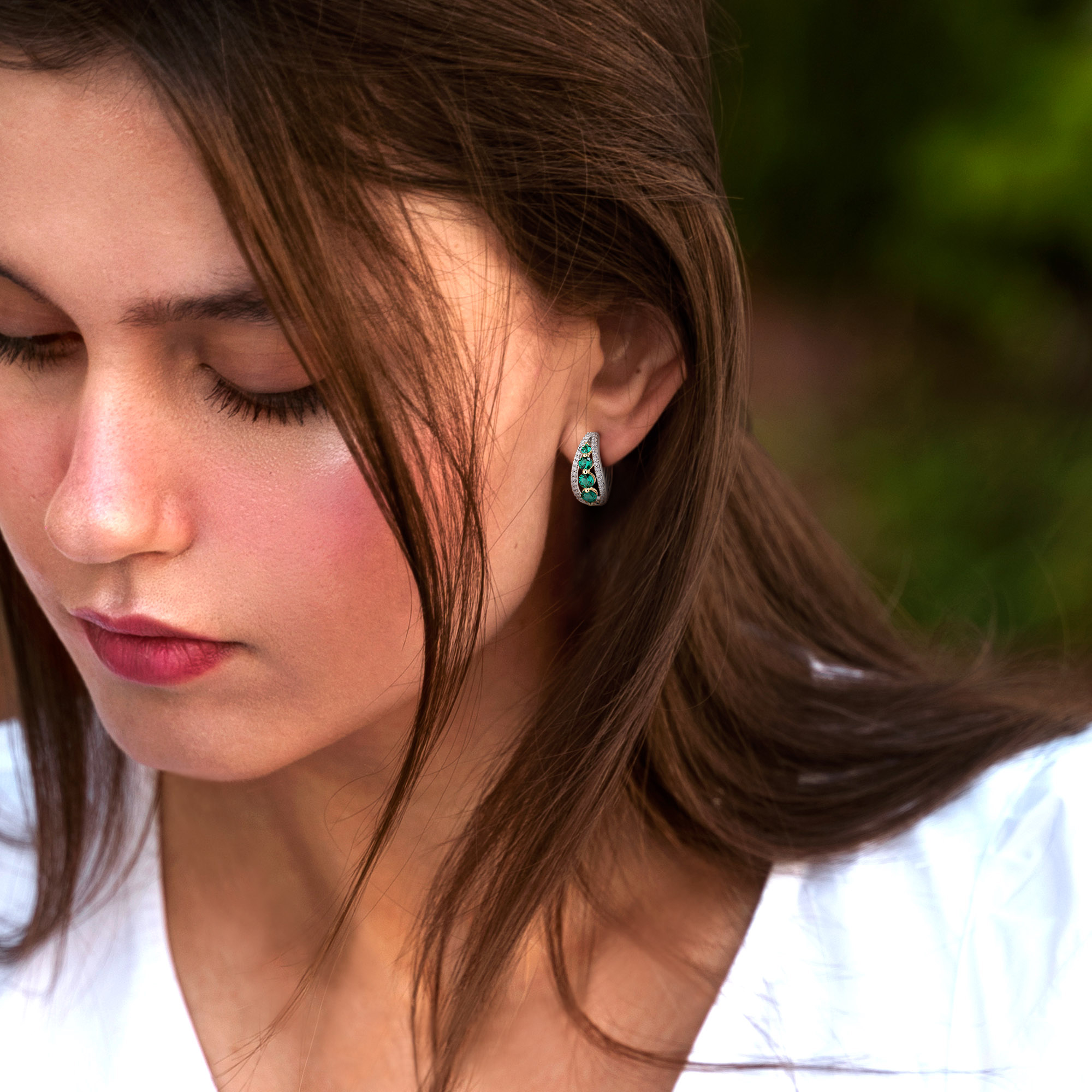 1 1/3ct TGW Created Emerald and 1/2ct Lab-Grown TW Diamond Hoop Earrings in 14k Two-Tone Gold
