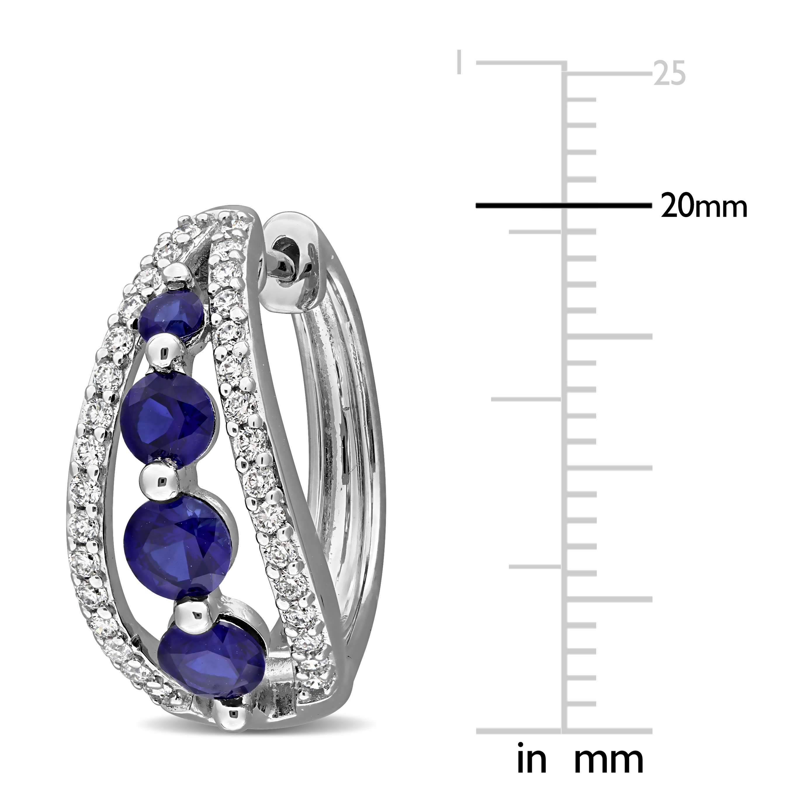 1 3/4ct TGW Created Blue Sapphire and 1/2ct TW Lab-Grown Diamond Hoop Earrings in 14k White Gold