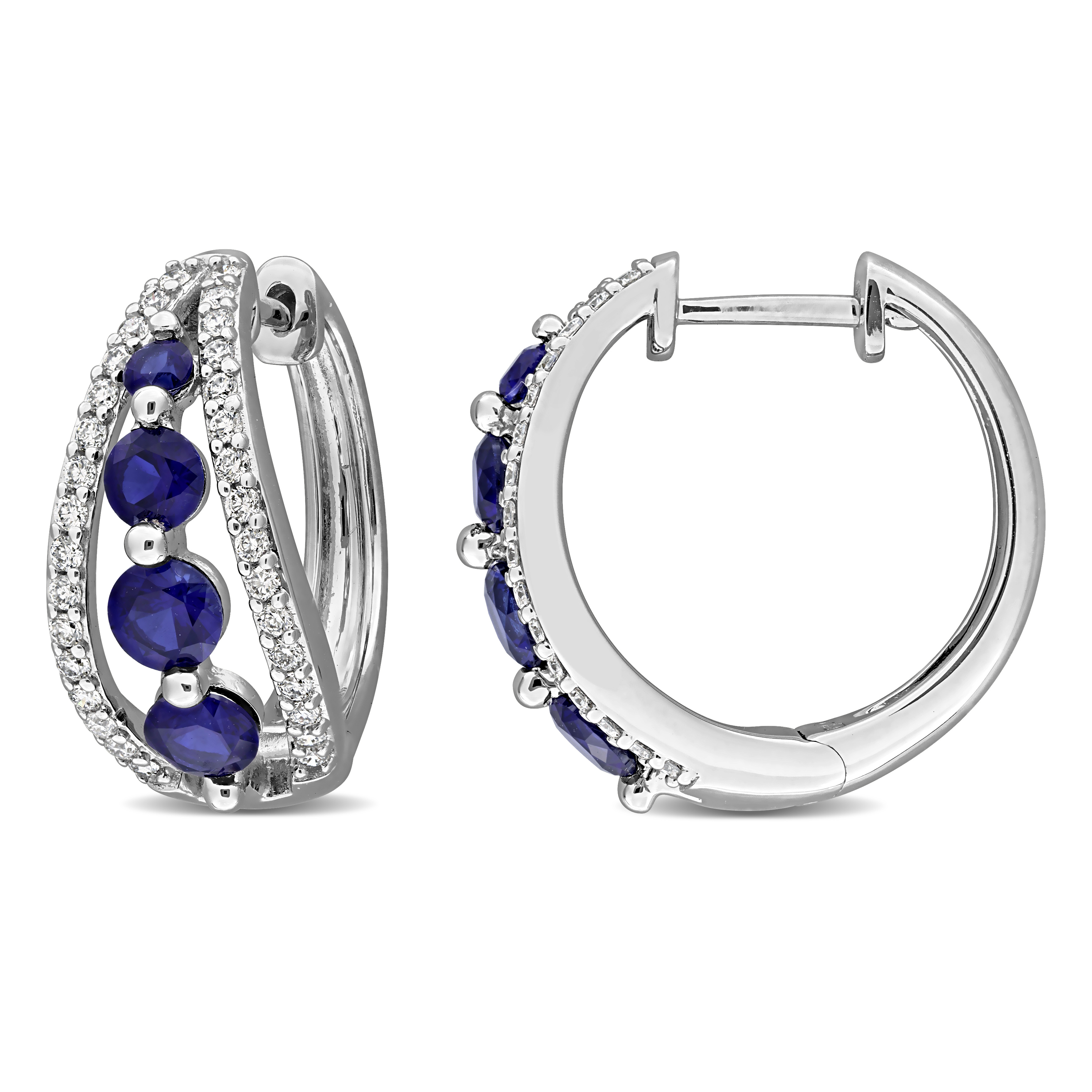 1 3/4ct TGW Created Blue Sapphire and 1/2ct TW Lab-Grown Diamond Hoop Earrings in 14k White Gold