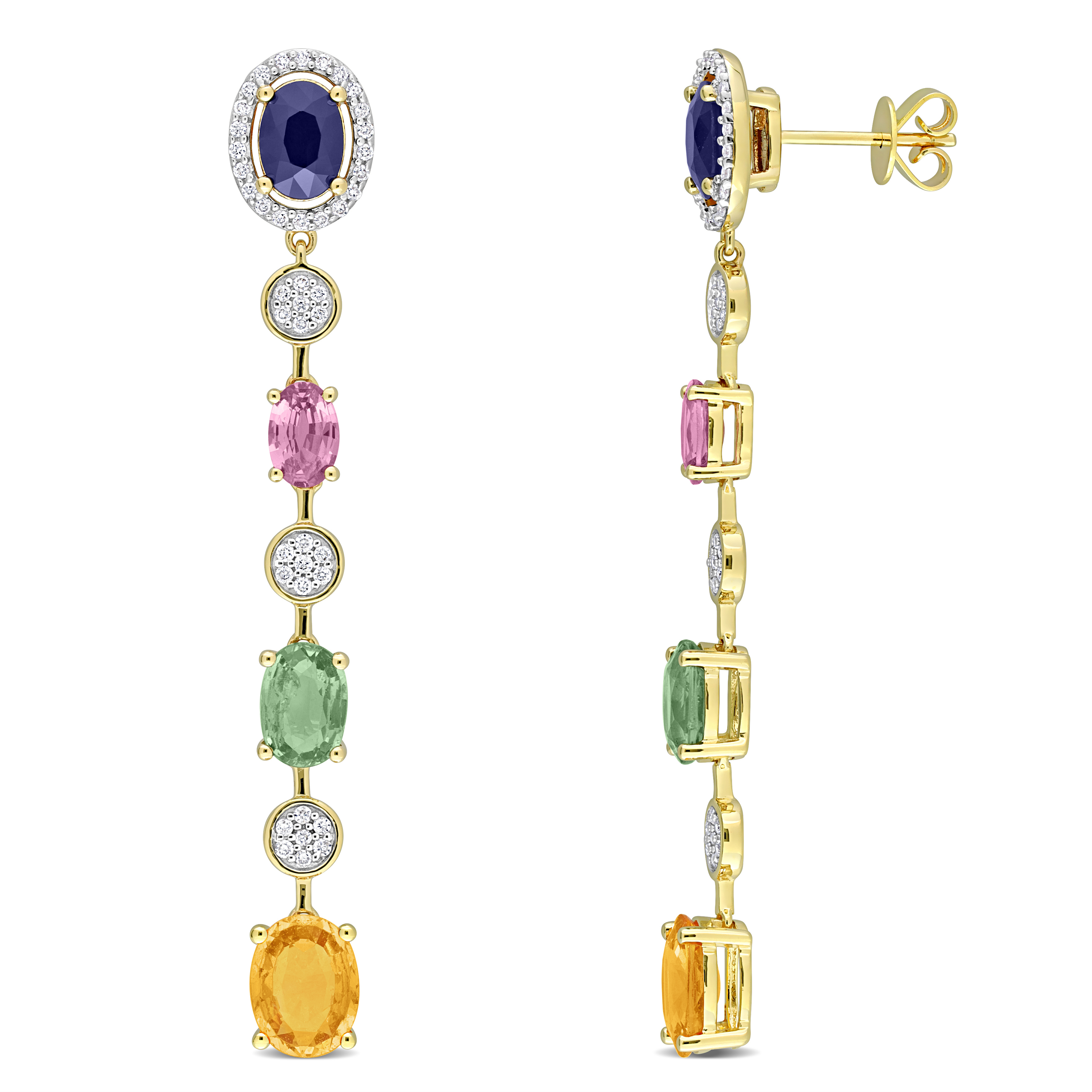 8 CT TGW Oval-Cut Multicolor Sapphire and 2/5 CT TDW Diamond Dangle Earrings in 14k Yellow Gold