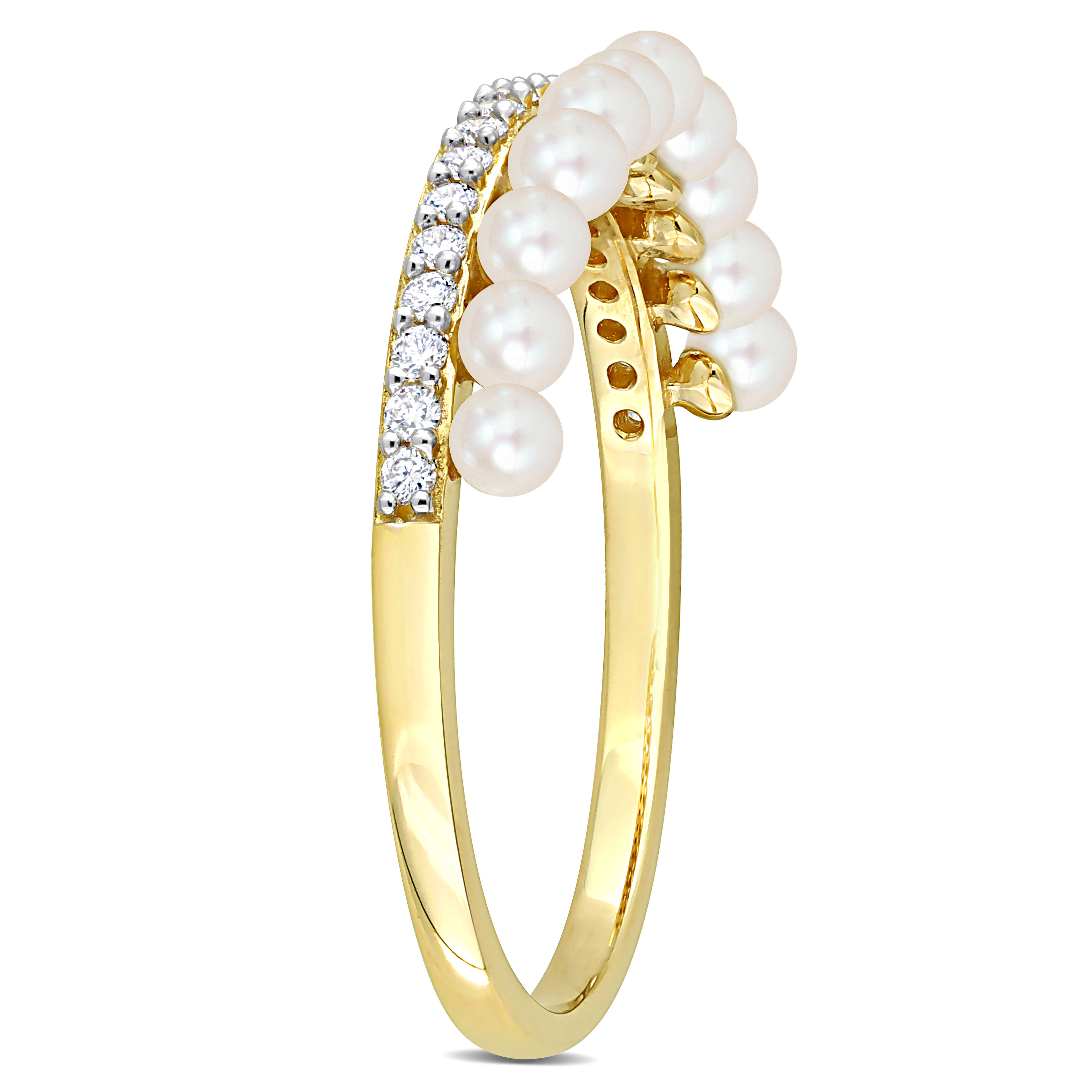 2-2.5 MM Freshwater Cultured Pearl and 1/6ct TDW Diamond Single Row Ring in 14k Yellow Gold