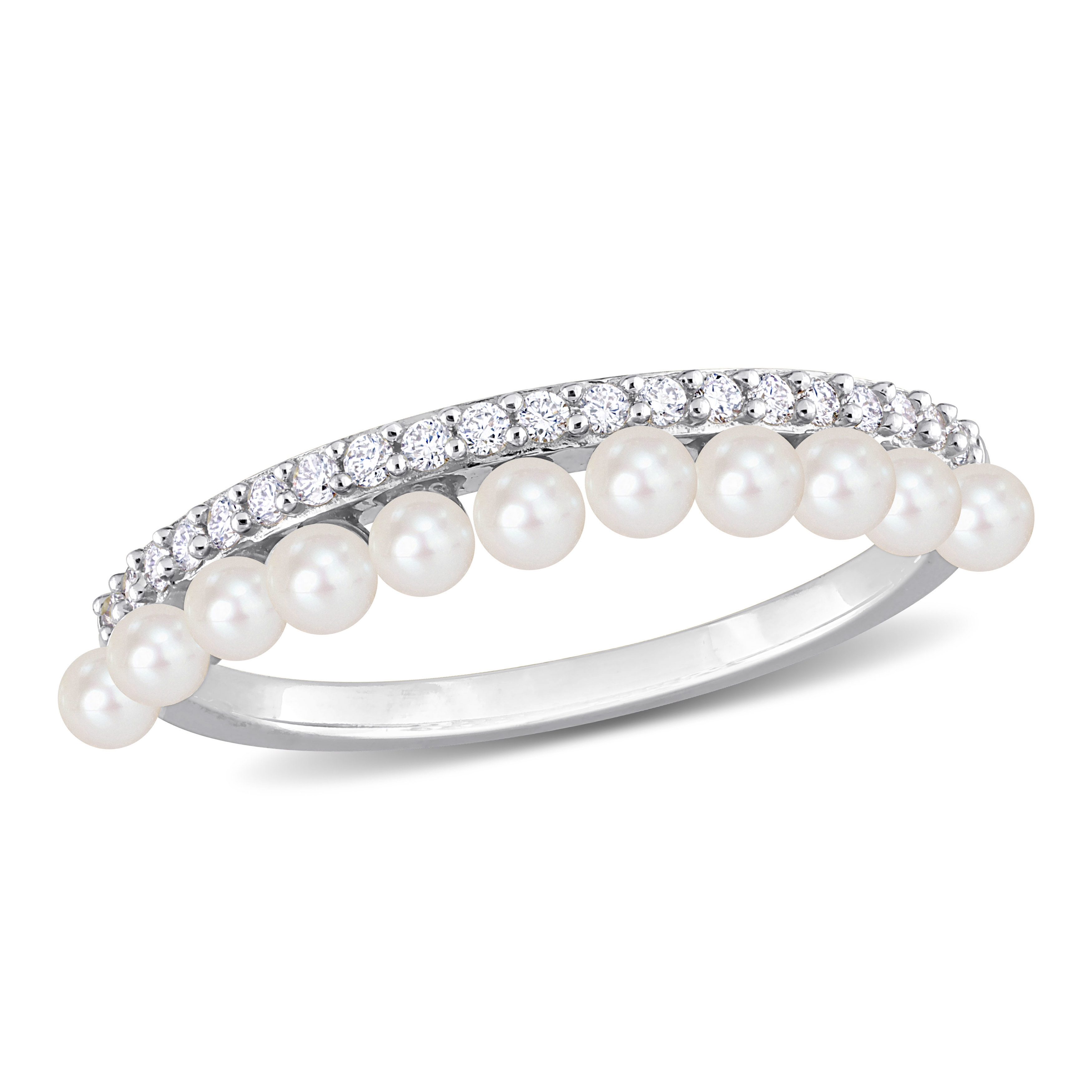 White Cultured Freshwater Pearl and 1/6ct TDW Diamond Eternity Ring in 14k White Gold