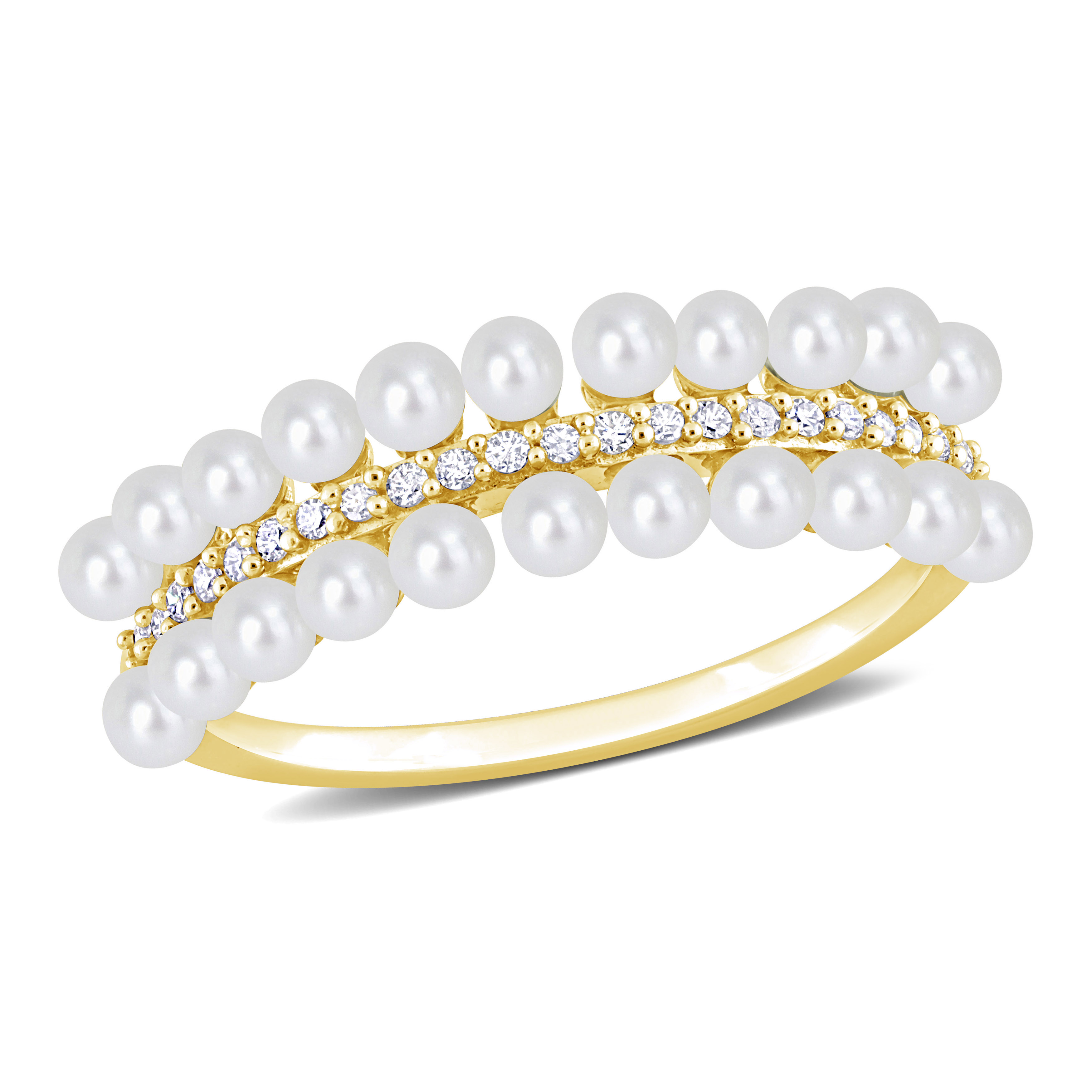 White Cultured Freshwater Pearl and 1/10ct TDW Diamond Multi-row Eternity Ringing 10k Yellow Gold