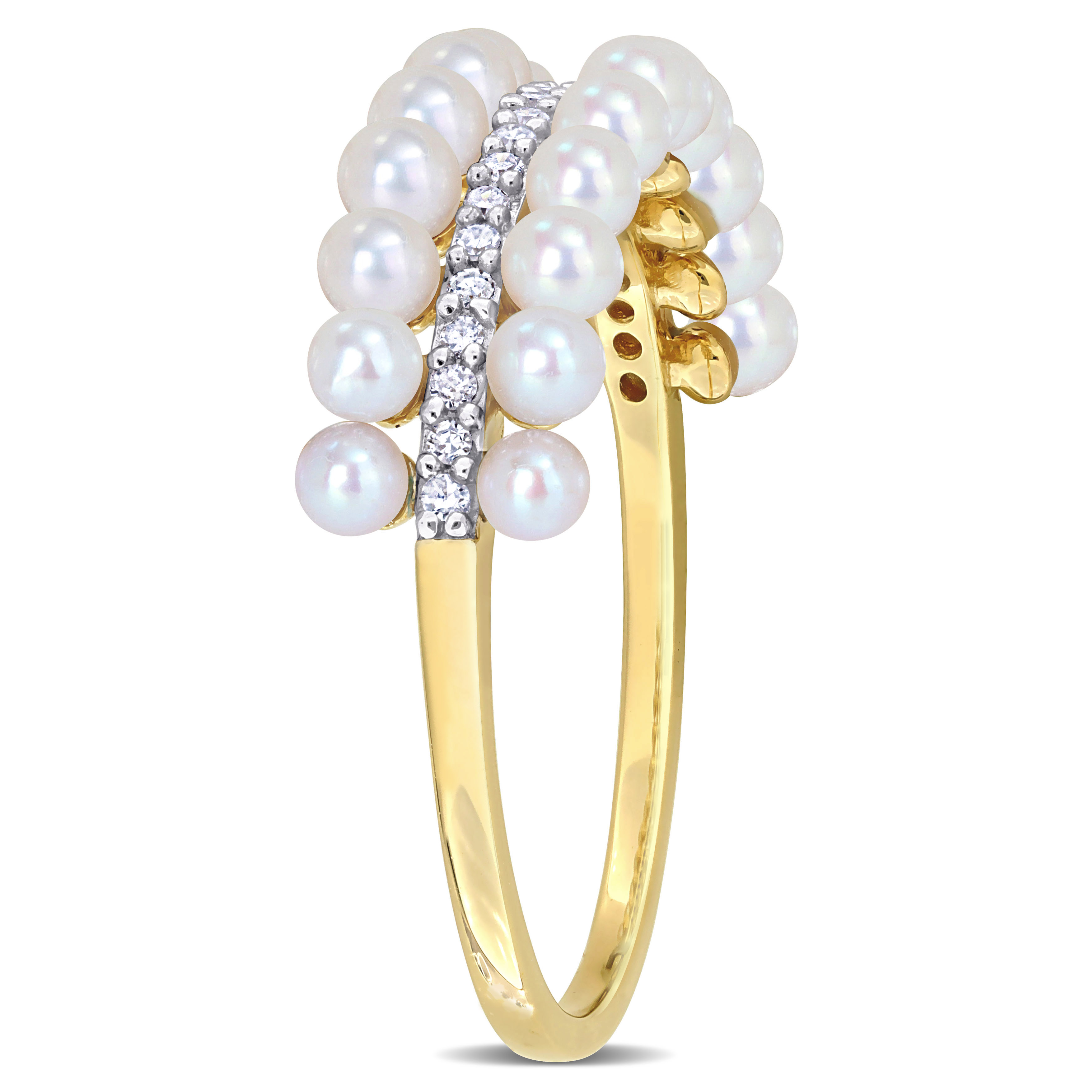 2-2.5mm Cultured Freshwater Double Row Pearl and 1/10ct TW Diamond Ring in 14k Yellow Gold