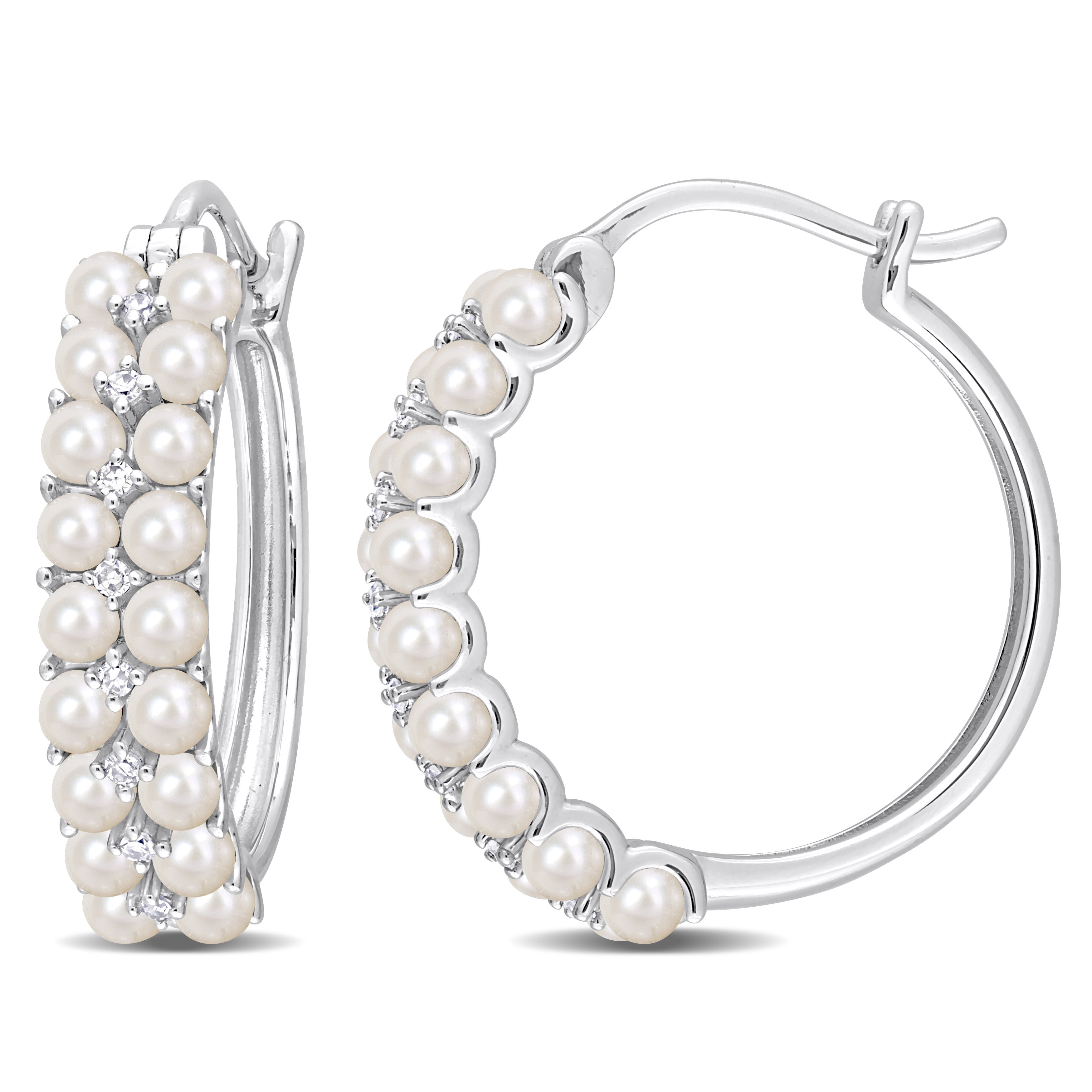 2 - 2.5 MM White Cultured Freshwater Pearl and 1/10 CT TDW Diamond Multi-row Hoop Earrings in 14k White Gold