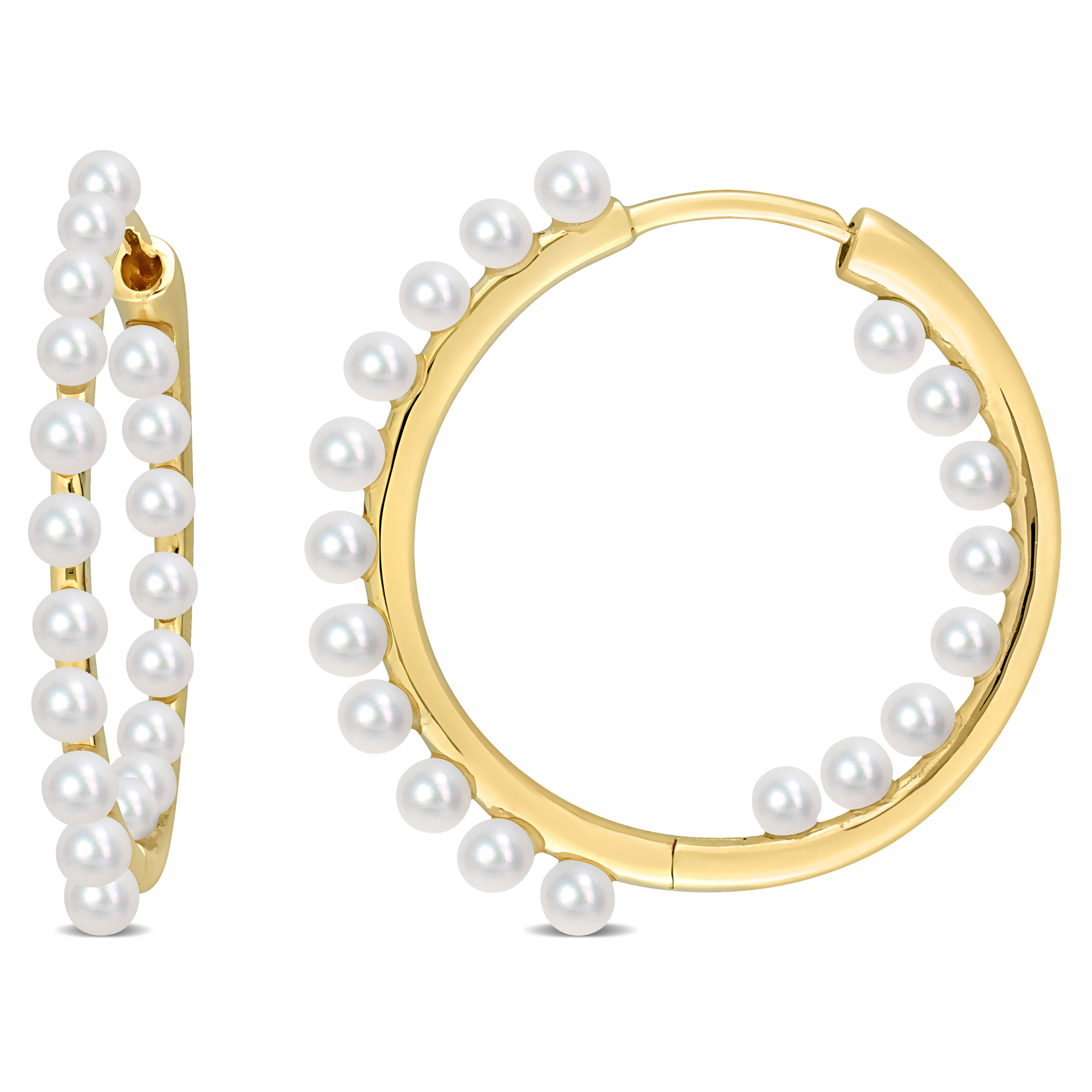 2 - 2.5 MM White Cultured Freshwater Pearl Inside Outside Hoop Leverback Earrings in 14k Yellow Gold