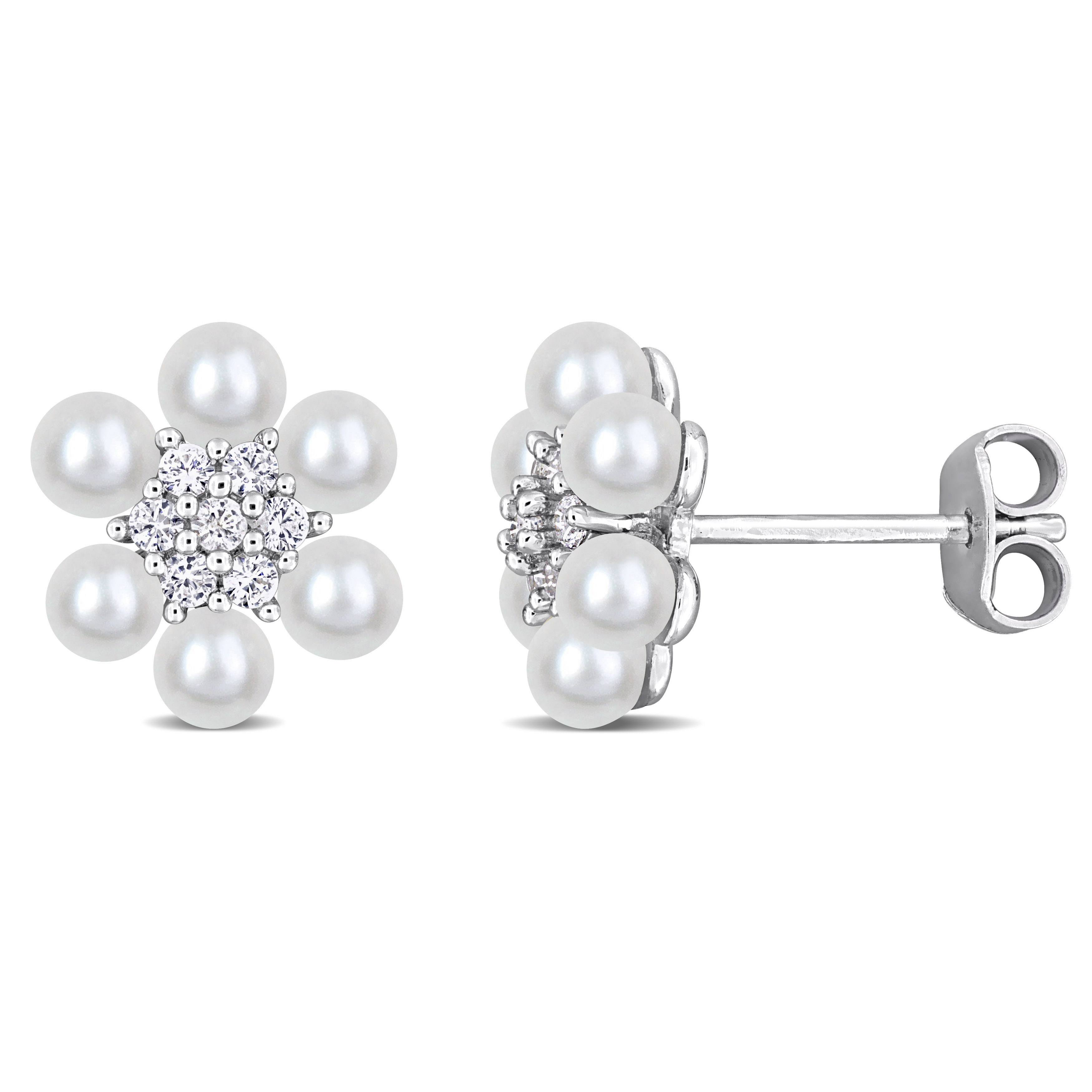 3-3.5 MM Freshwater Cultured Pearl and 1/3 CT TGW Created White Sapphire Flower Cluster Stud Earrings in Sterling Silver
