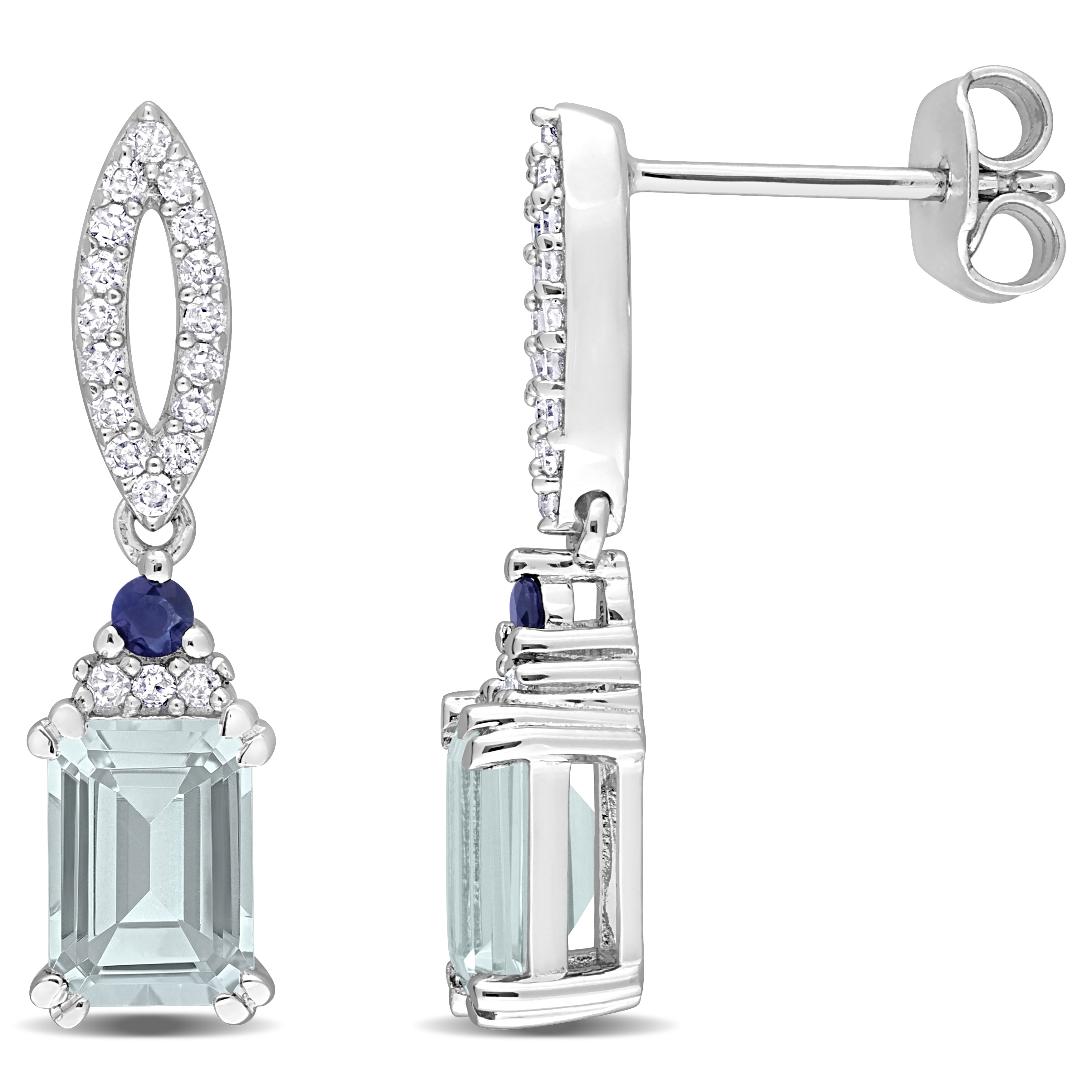 2 CT TGW Octagon Aquamarine Blue Sapphire and 1/4 CT TDW Diamond Earrings in Sterling Silver