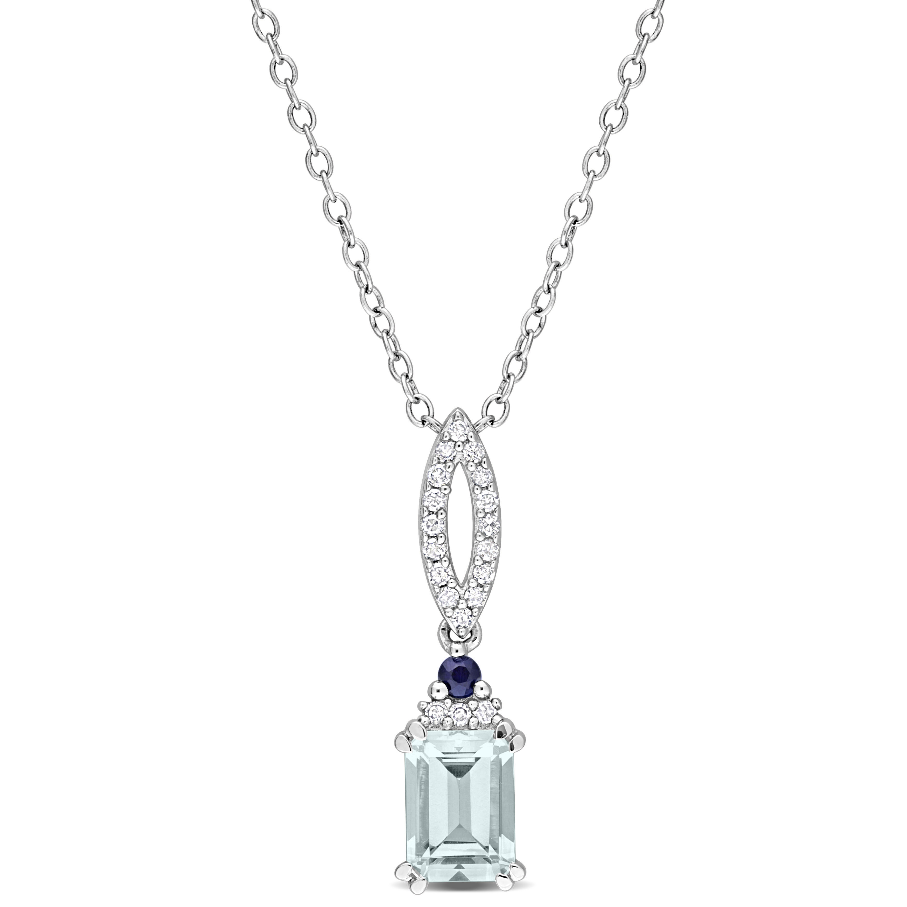 1 CT TGW Octagon Aquamarine Blue Sapphire and 1/10 CT TDW Diamond Necklace in Sterling Silver