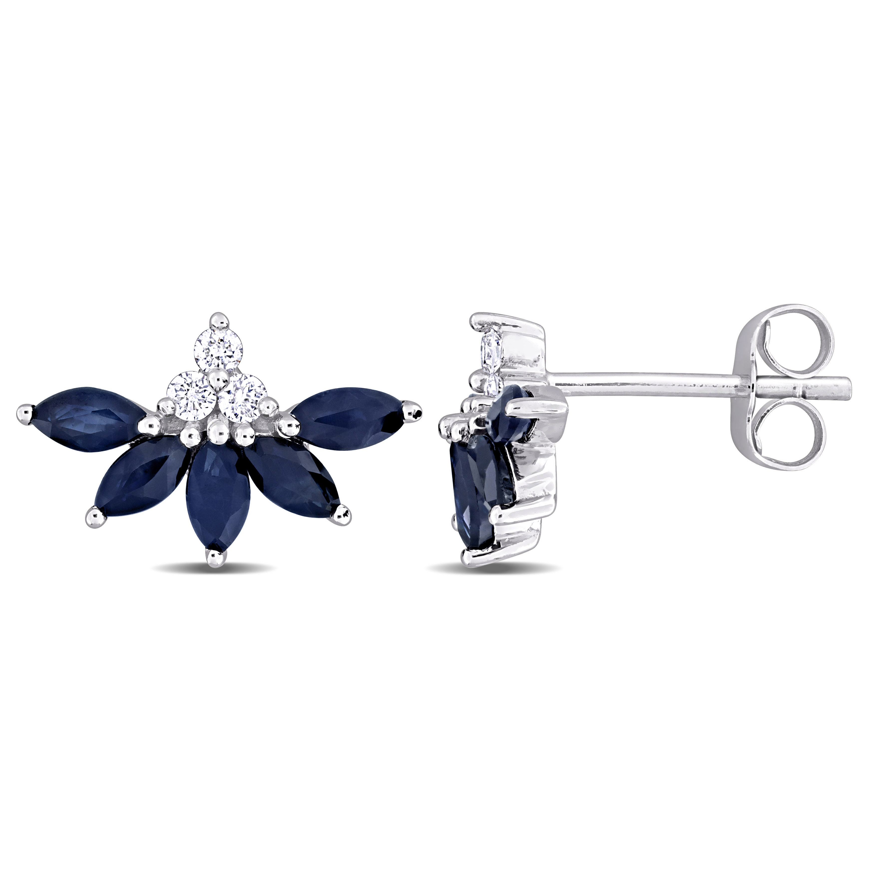1 1/10 CT TGW Marquise-Shape Sapphire and 1/10ct TDW Diamond Floral Stud Earrings in 14k White Gold