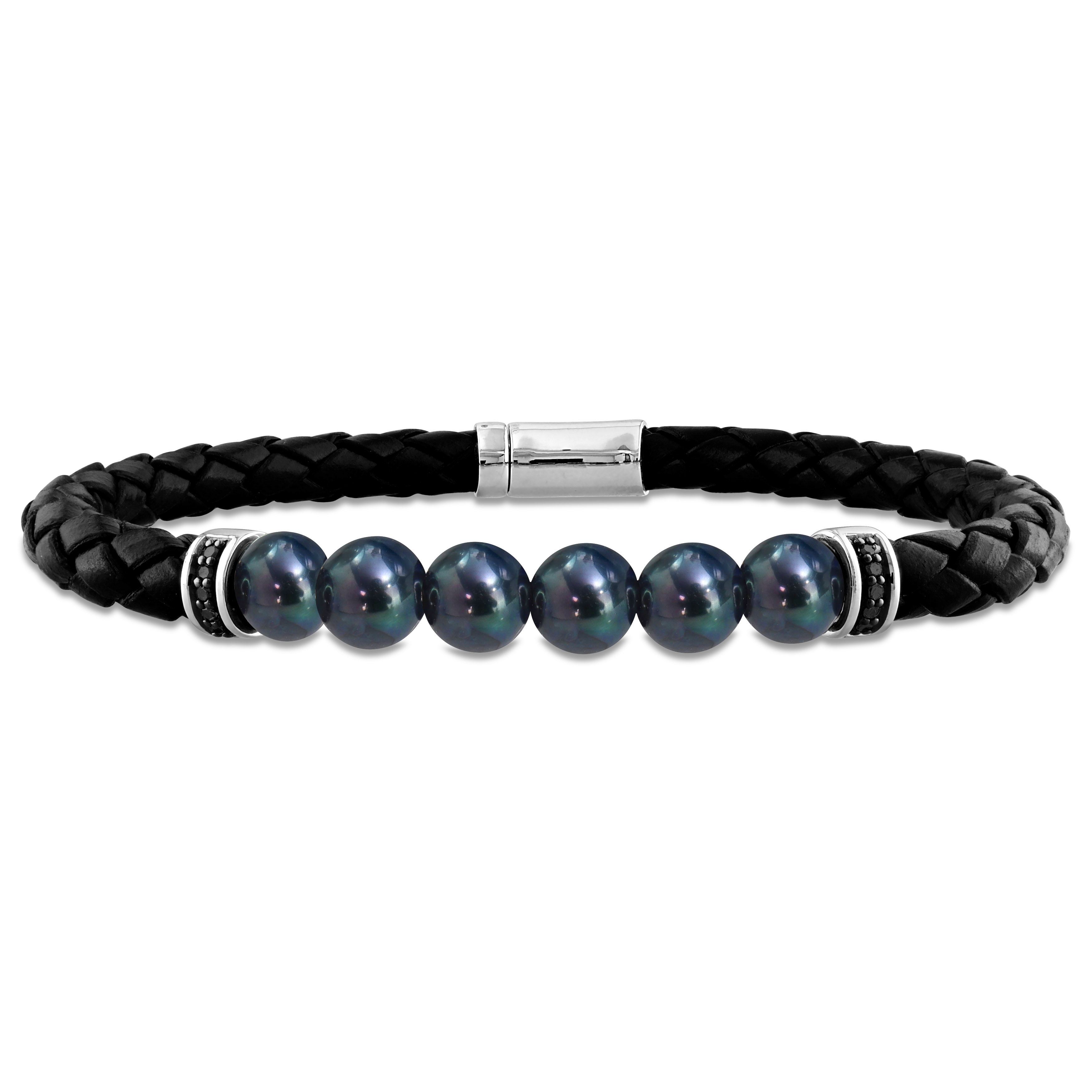 7.5-8mm Men's Black Cultured Freshwater Pearl Braided Black Leather Bracelet with Diamond Accents - 9 in.