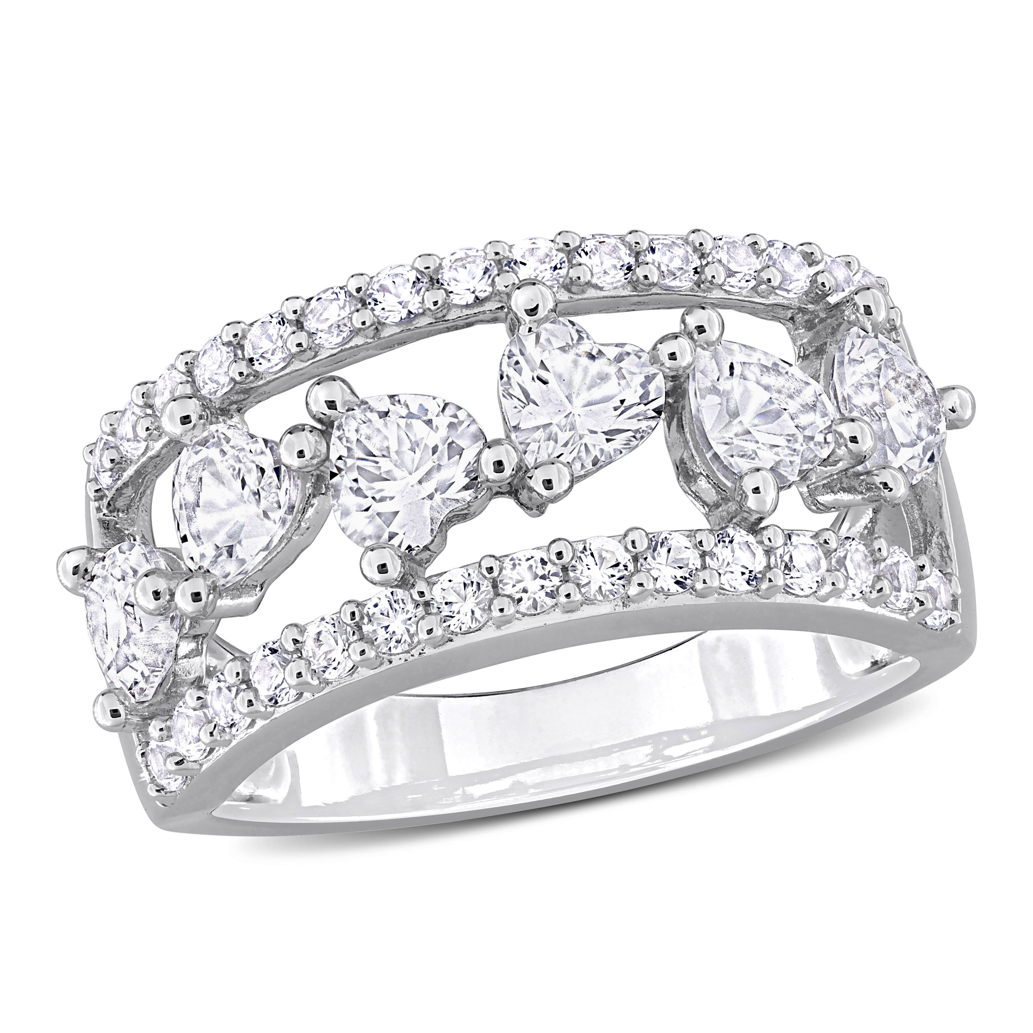 2 1/4 CT TGW Heart-Shaped Created White Sapphire Open Design Semi-Eternity Ring in Sterling Silver