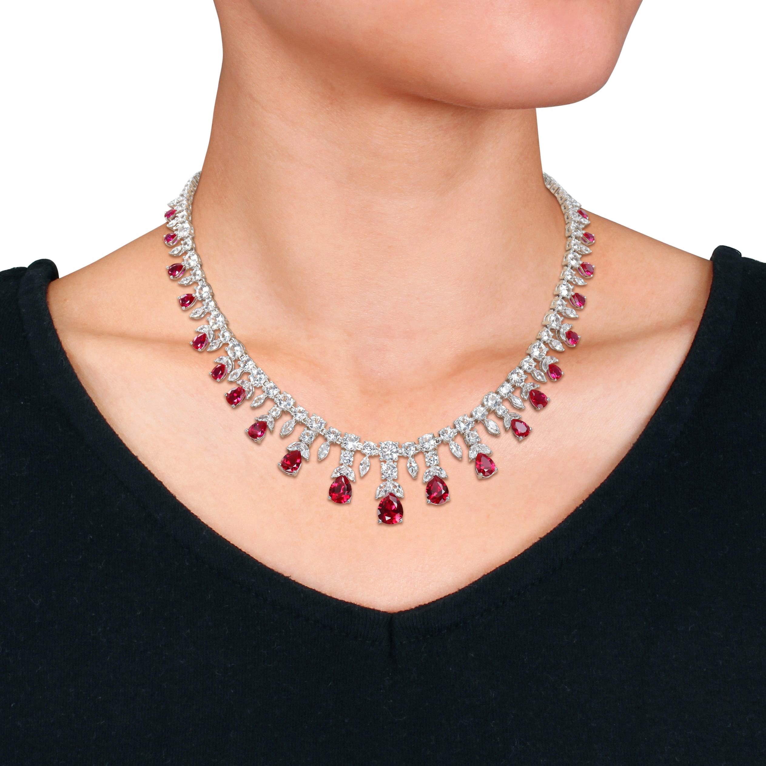 63 4/5 CT TGW Created White Sapphire Created Ruby Fashion Necklace in Sterling Silver - 17 in.