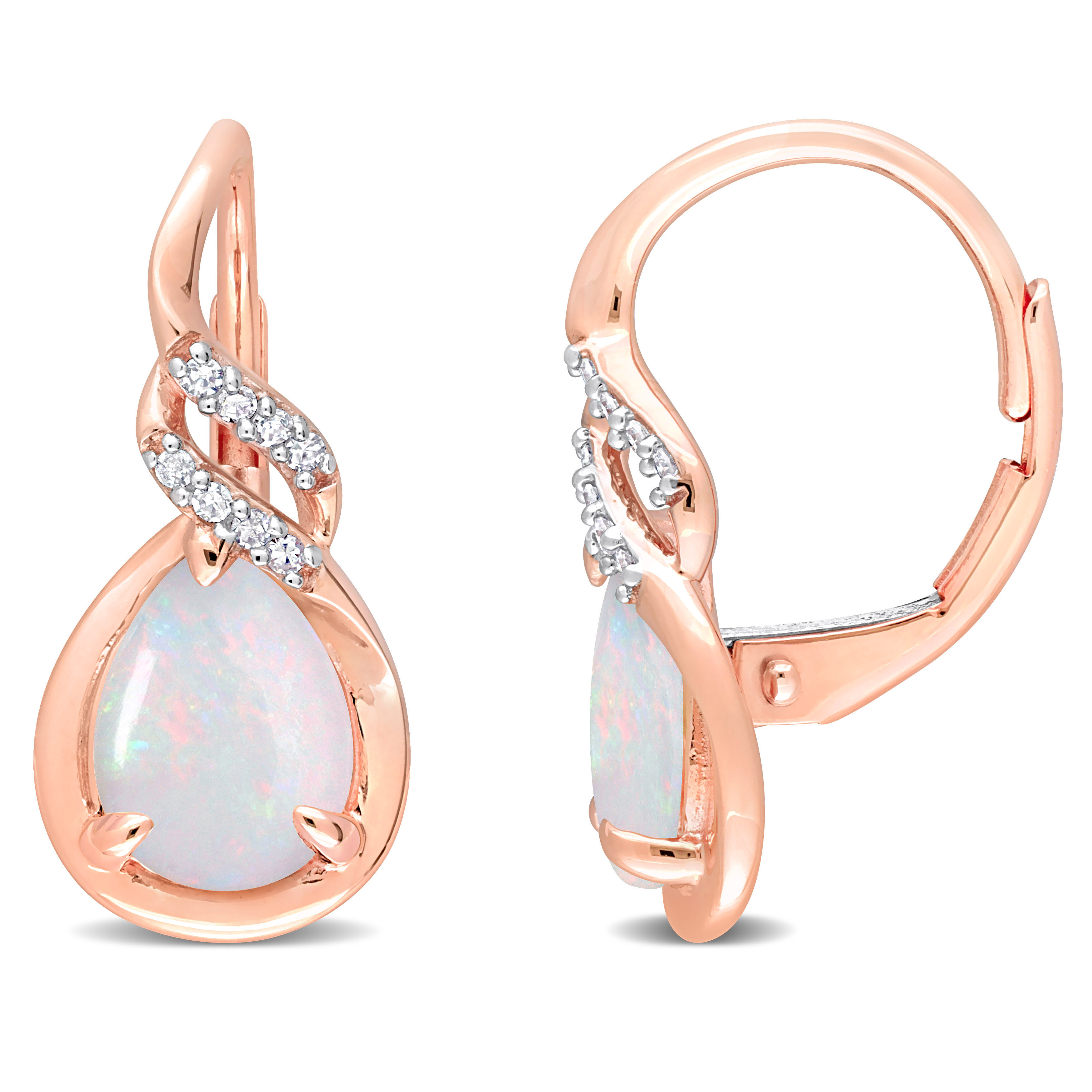 1 1/4 CT TGW Pear-Shape Opal and TDW Diamond Twist Leverback Earrings in 10k Rose Gold