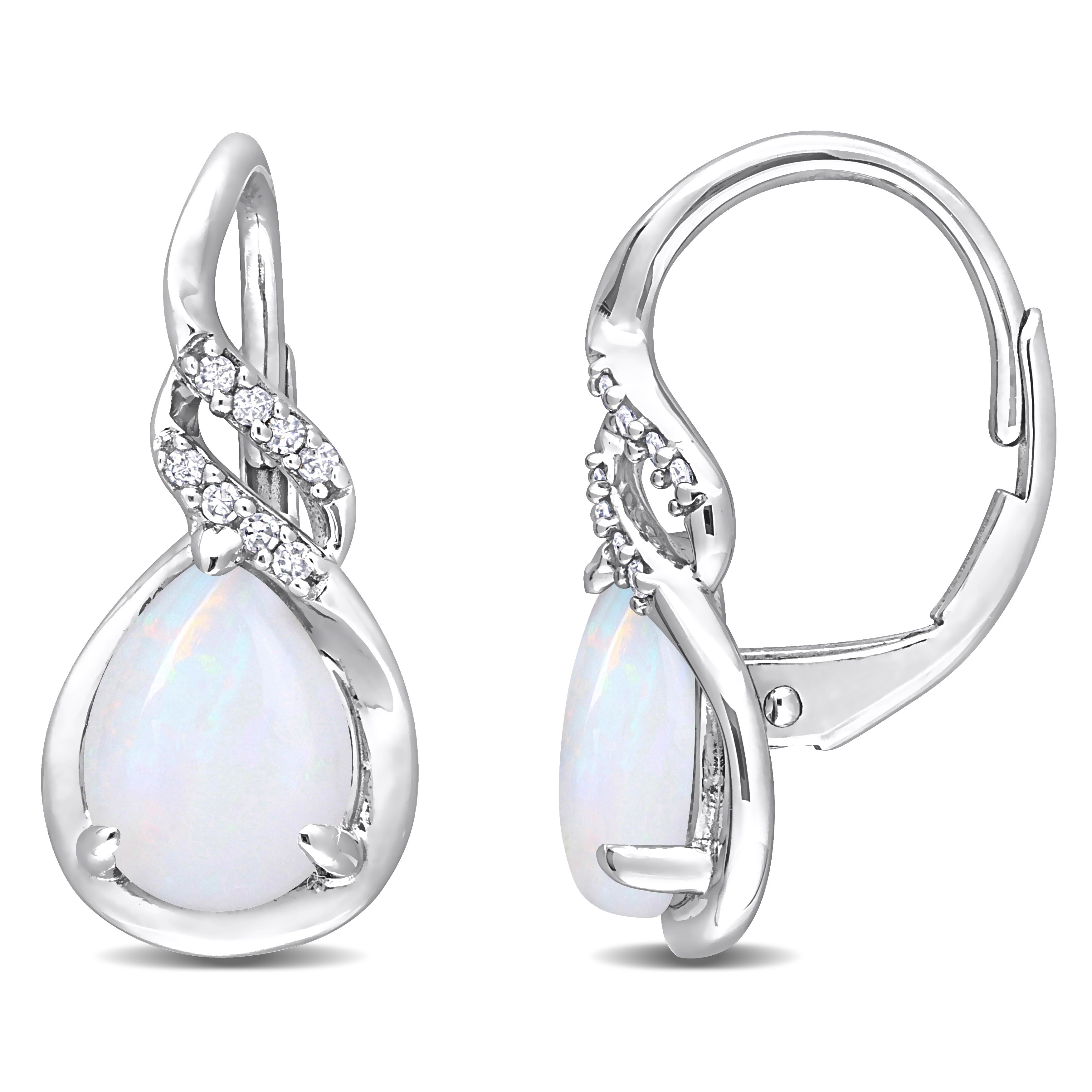 1 1/4 CT TGW Pear-Shape Opal and TDW Diamond Twist Leverback Earrings in 10k White Gold