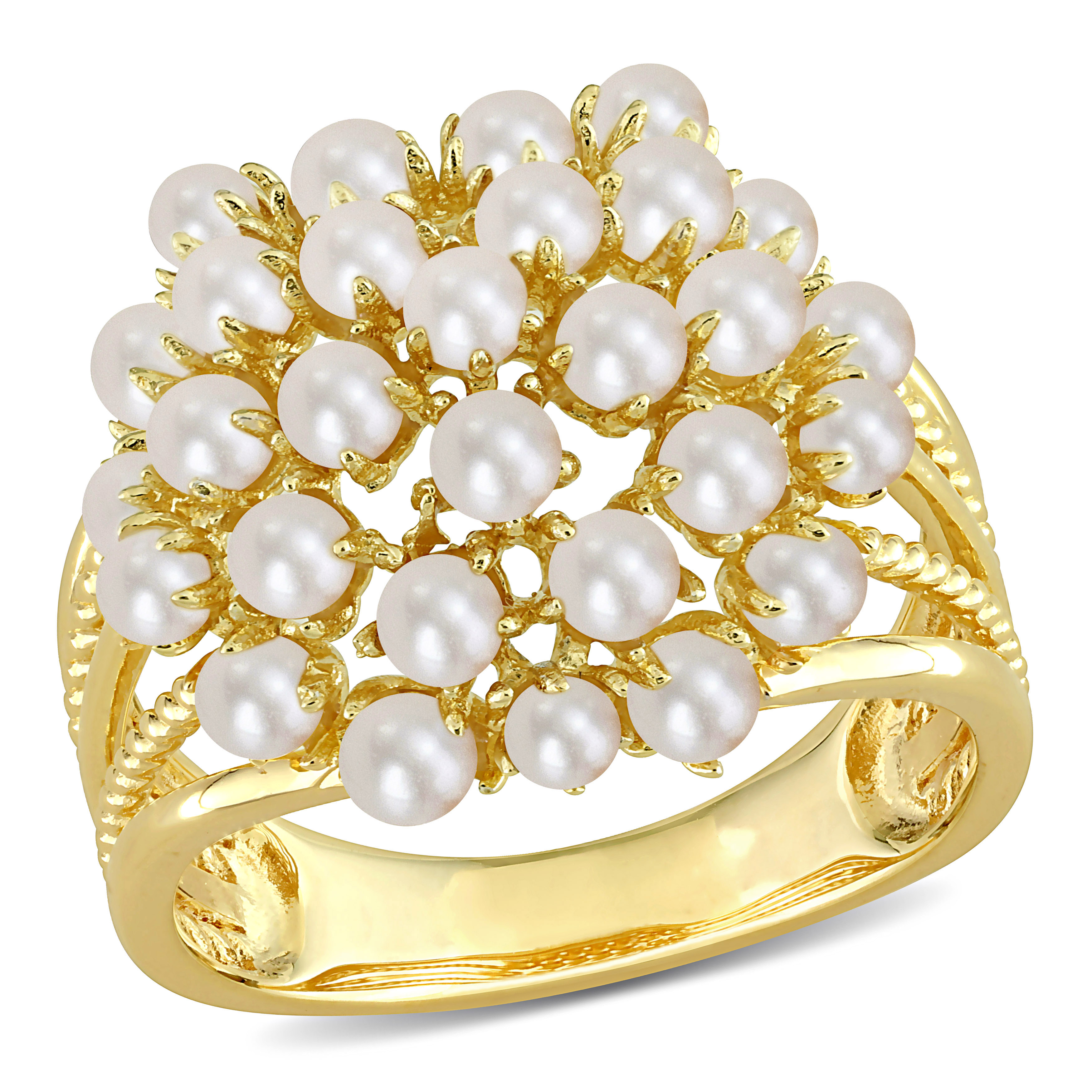 Cultured Freshwater Pearl Split Shank Ring in Yellow Plated Sterling Silver