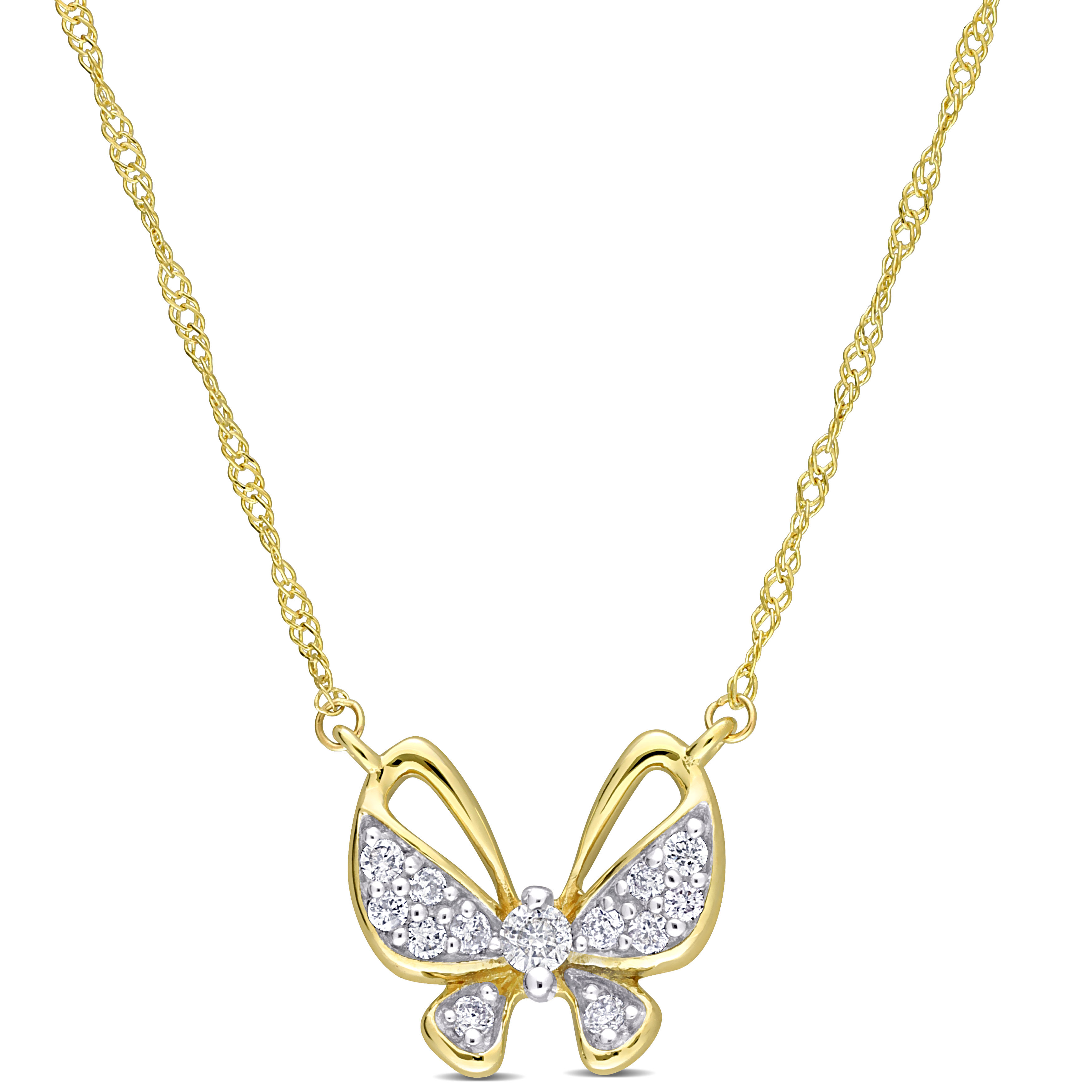 1/8 CT TDW Diamond Butterfly Design Pendant w/ Chain in 10k Yellow Gold