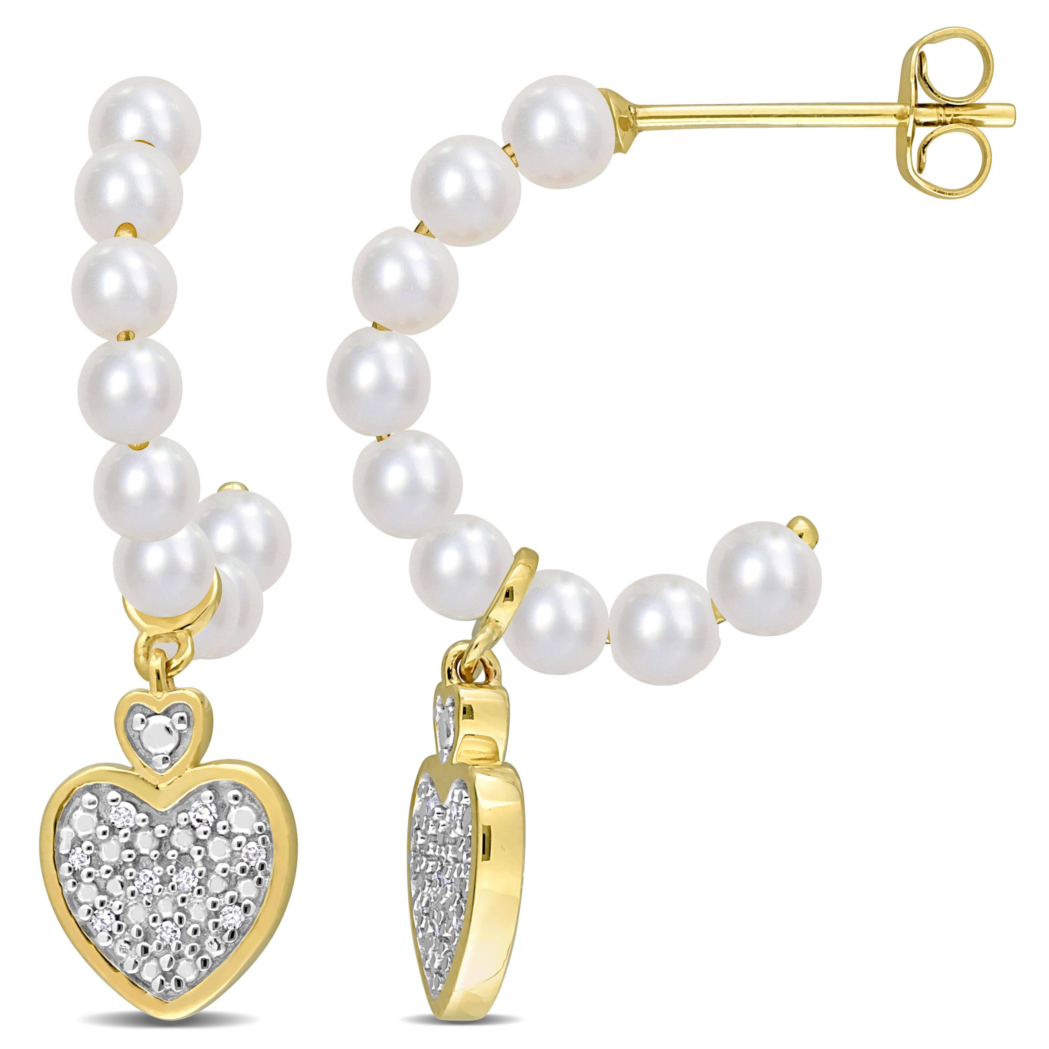 3.5-4 MM Freshwater Cultured Pearl and Diamond Accent Beaded Heart Drop Earrings in 10k Yellow Gold