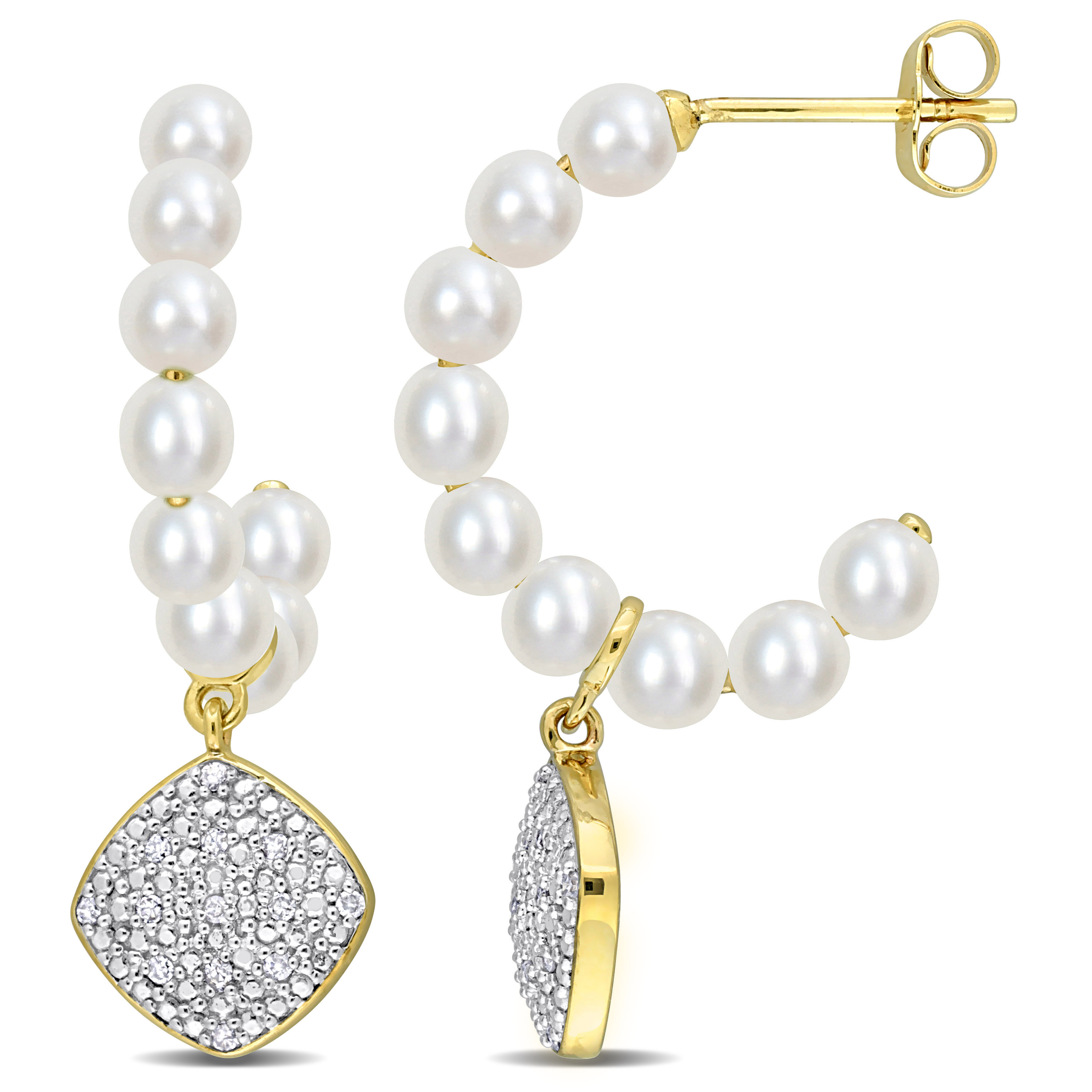 3.5-4 MM Freshwater Cultured Pearl and 1/10ct TDW Diamond Beaded Drop Earrings in 10k Yellow Gold