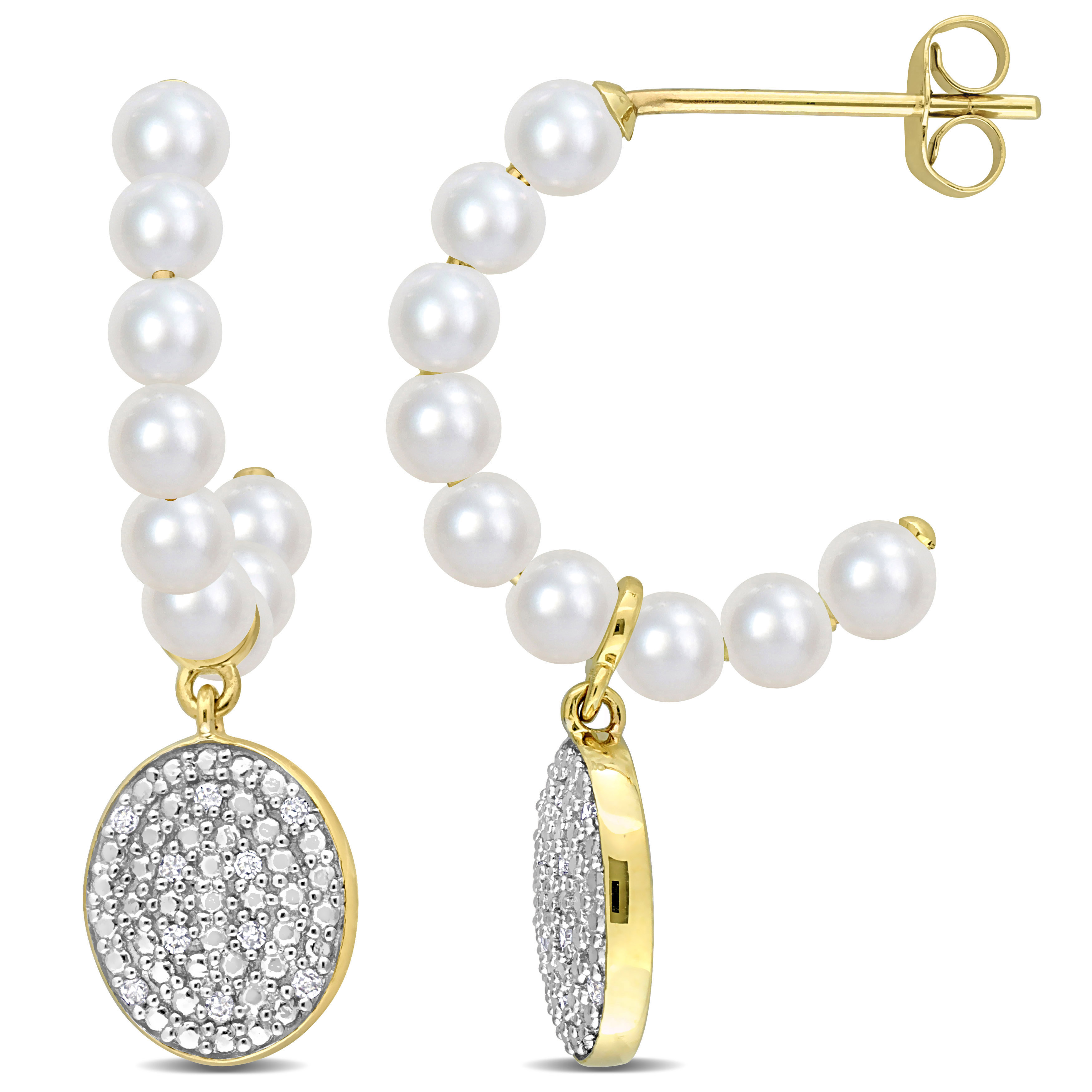3.5 - 4 MM White Cultured Freshwater Pearl and 1/10 CT TDW Diamond Charm Drop Earrings in 10k Yellow Gold