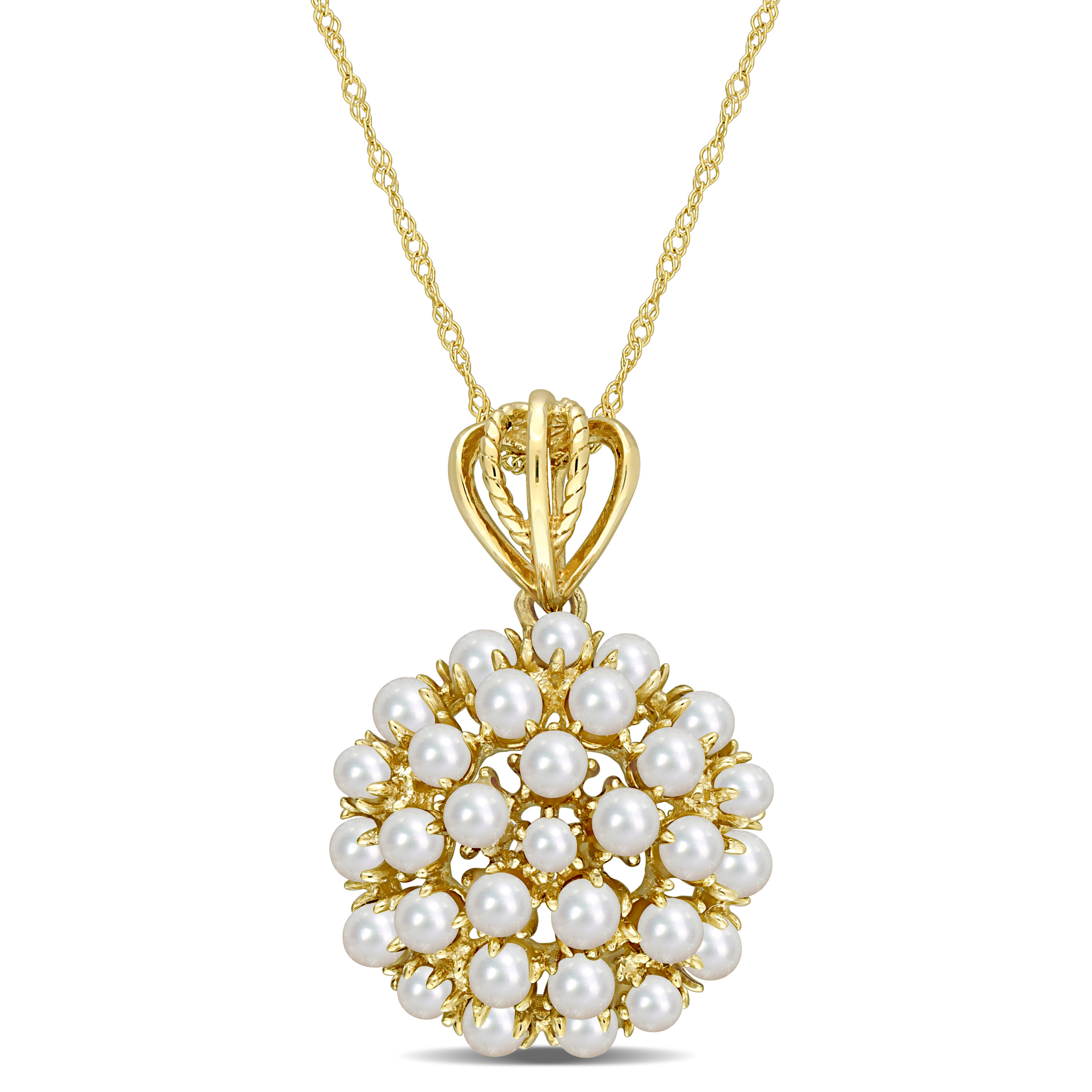 2.5-3 MM Freshwater Cultured Pearl Floral Cluster Pendant with Chain in 10k Yellow Gold