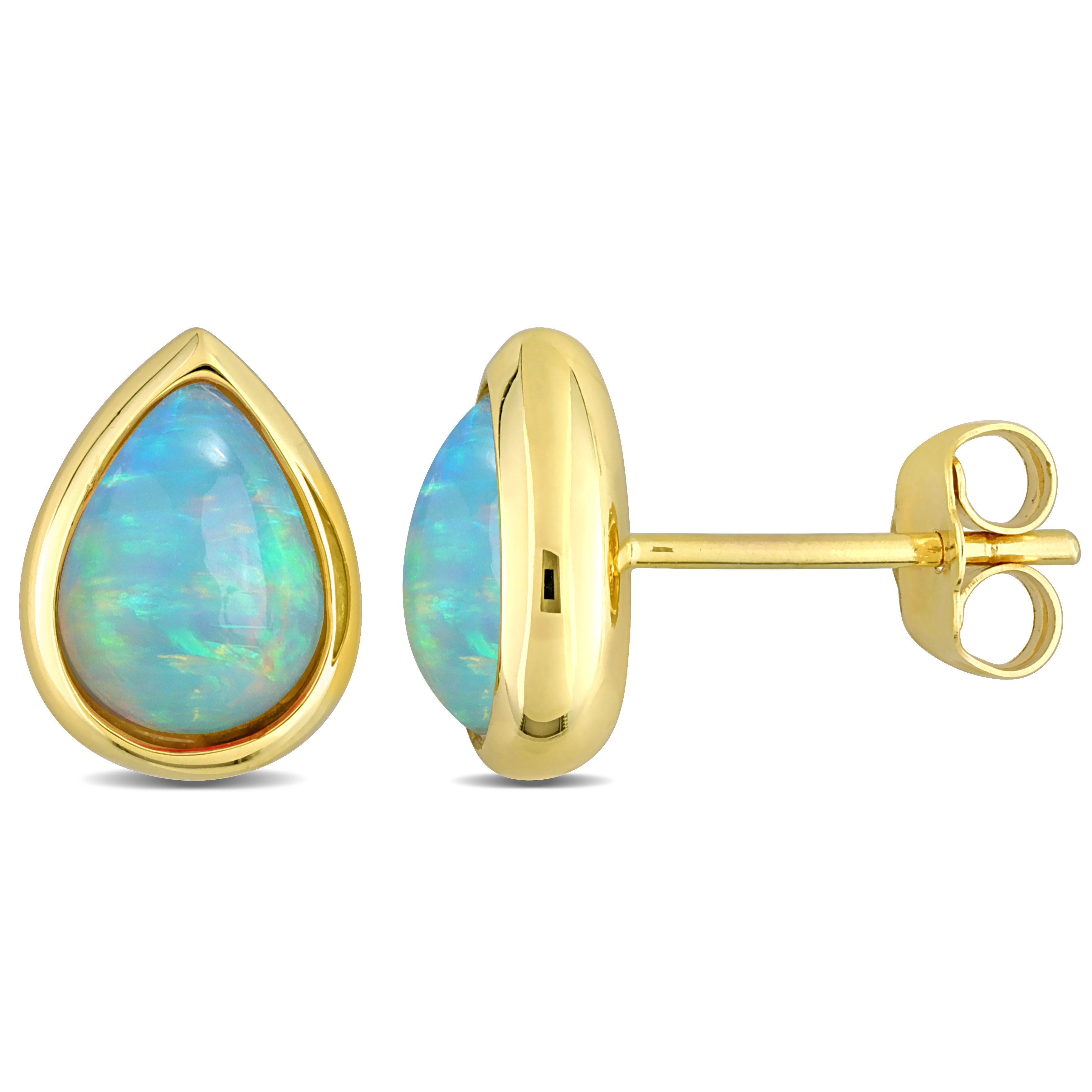 2 1/5 CT TGW Pear-cut Ethiopian Blue Opal Stud Earrings in 10k Yellow Gold