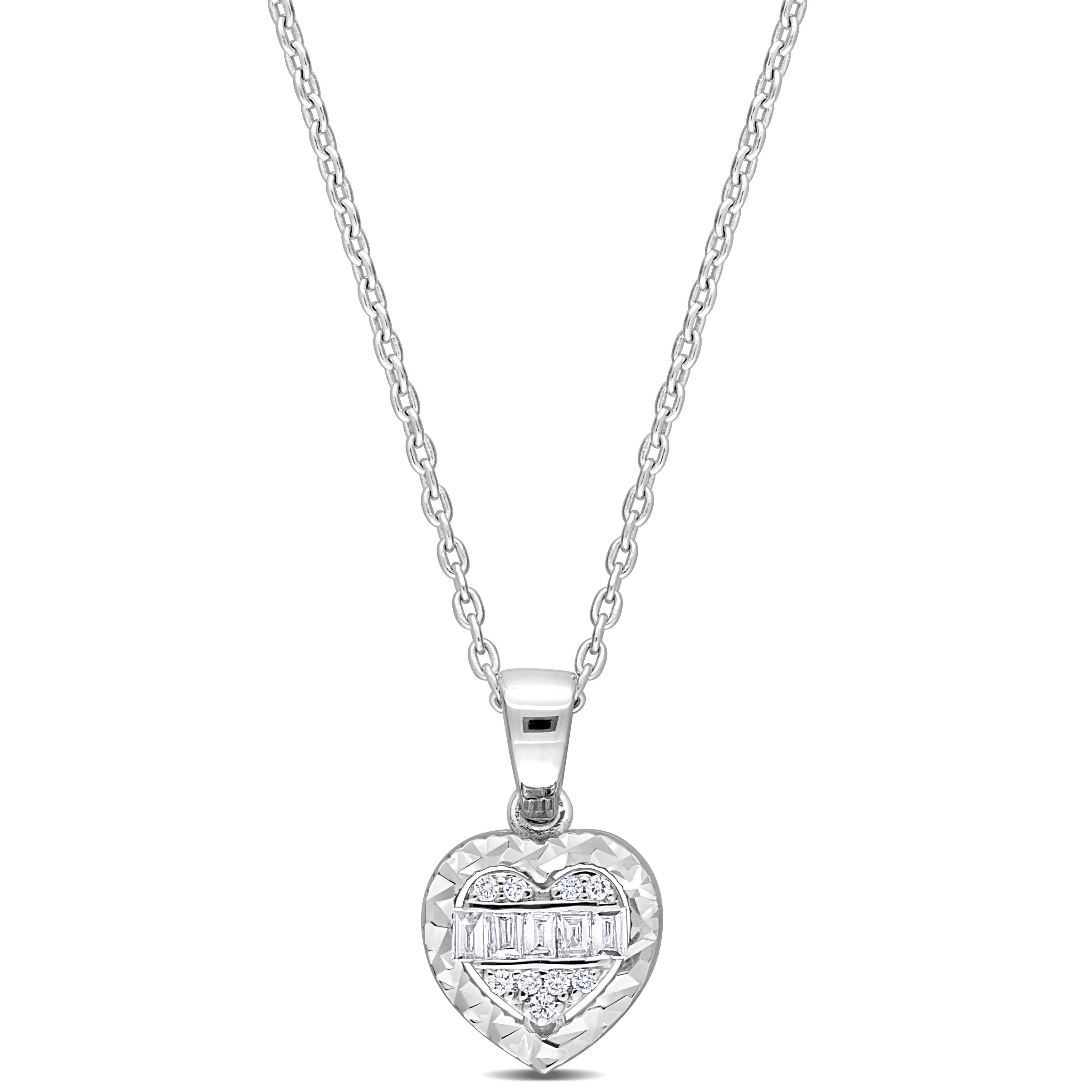 1/10 CT TDW Parallel Baguette and Round-Shaped Diamonds Heart Halo Necklace in 14k White Gold - 16.5 in.