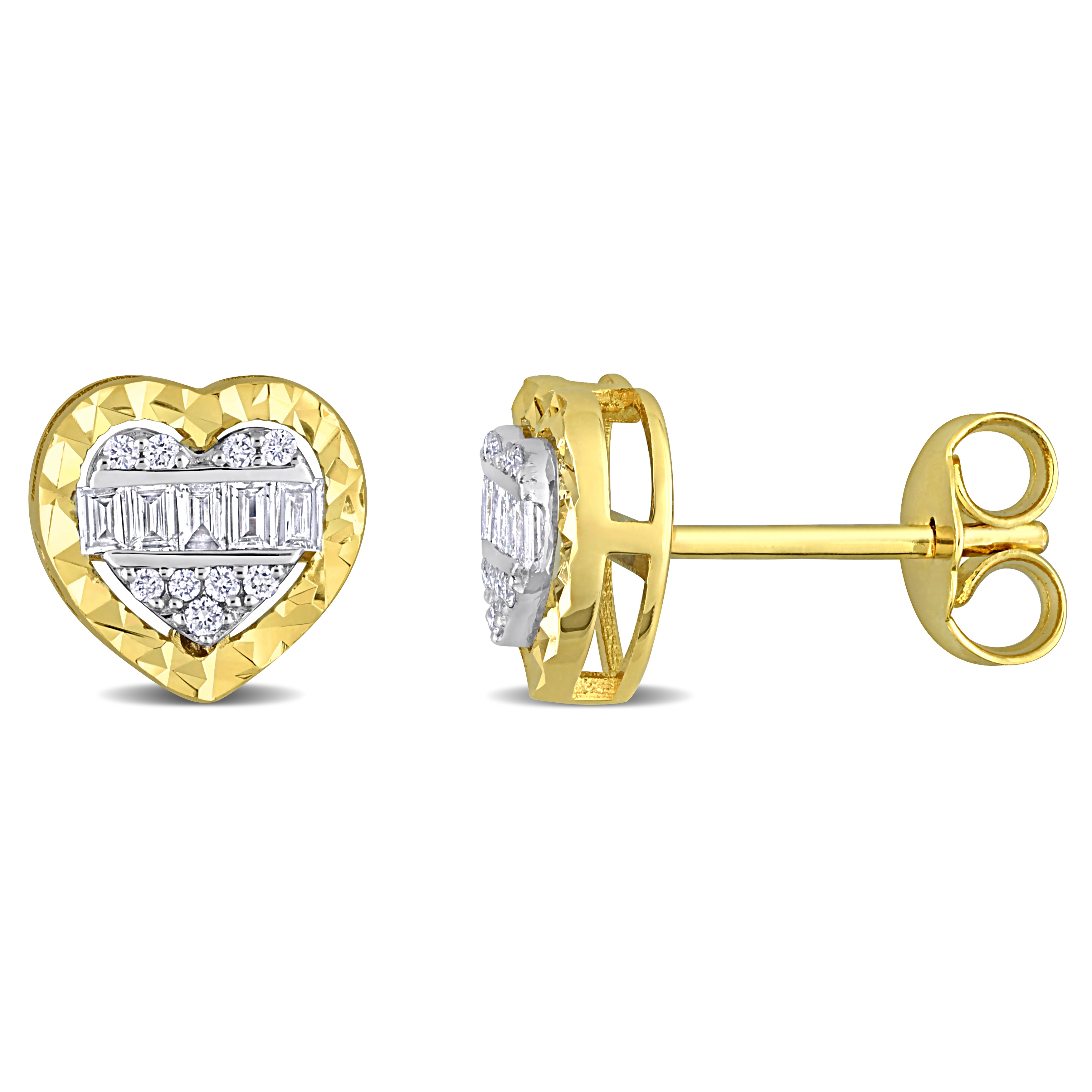 1/4 CT TDW Parallel Baguette and Round-Shaped Diamonds Heart Halo Stud Earrings in 14k 2-Tone White and Yellow Gold