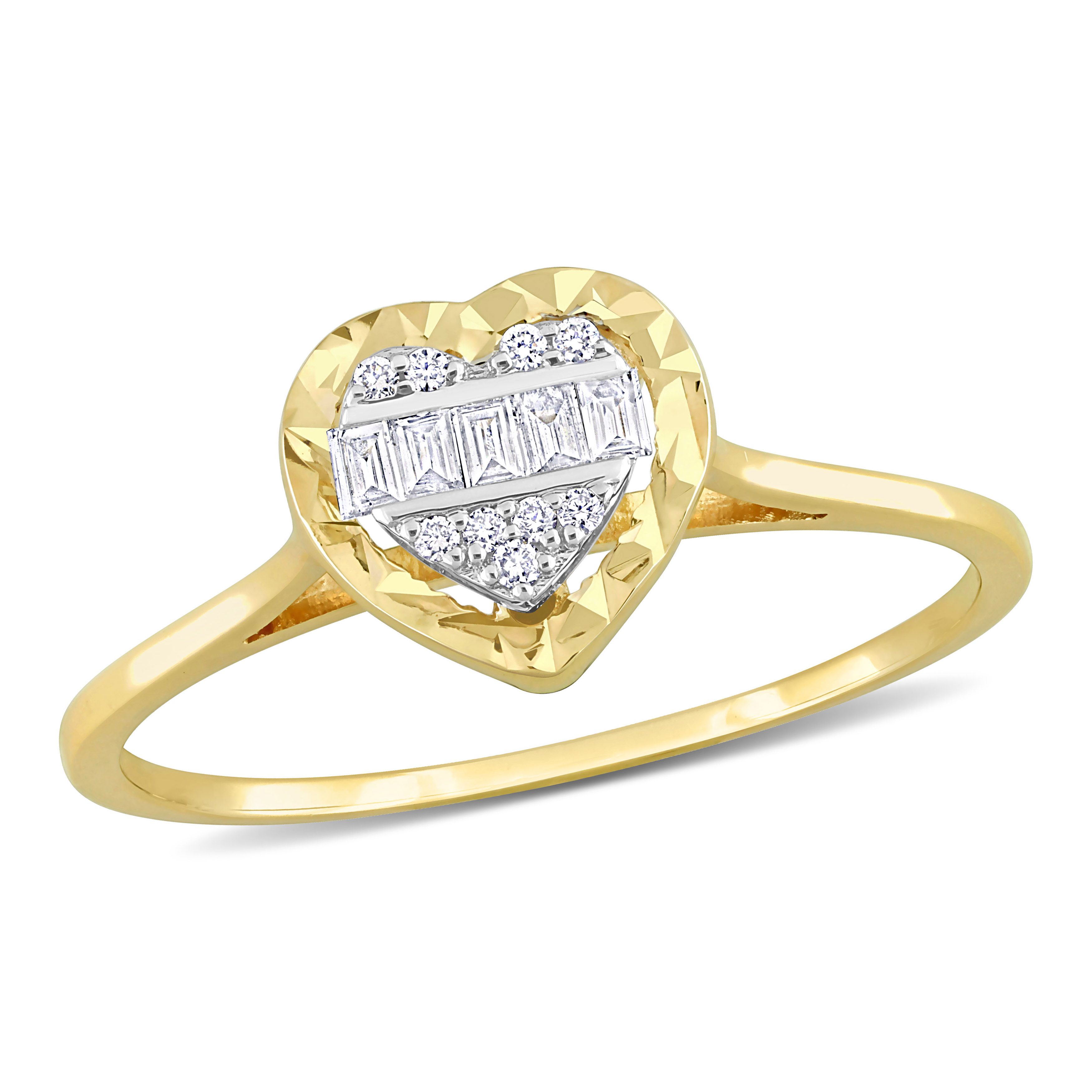 1/10 CT TDW Parallel Baguette and Round-Shaped Diamonds Heart Cluster Ring in 14k White and Yellow Gold