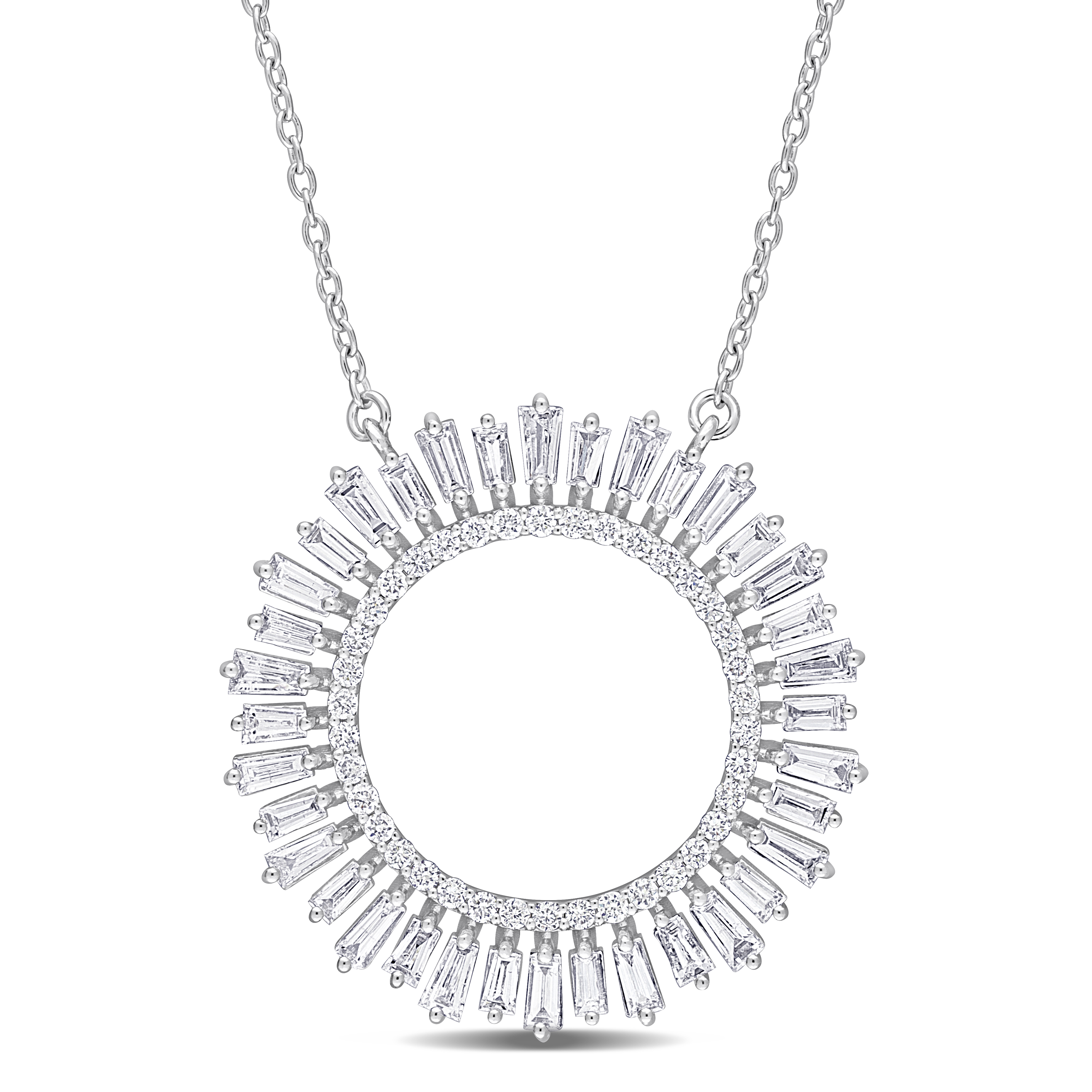 1 1/4 CT TW Round and Taper-Shape Diamond Sunburst Necklace in 14k White Gold - 17.5 in