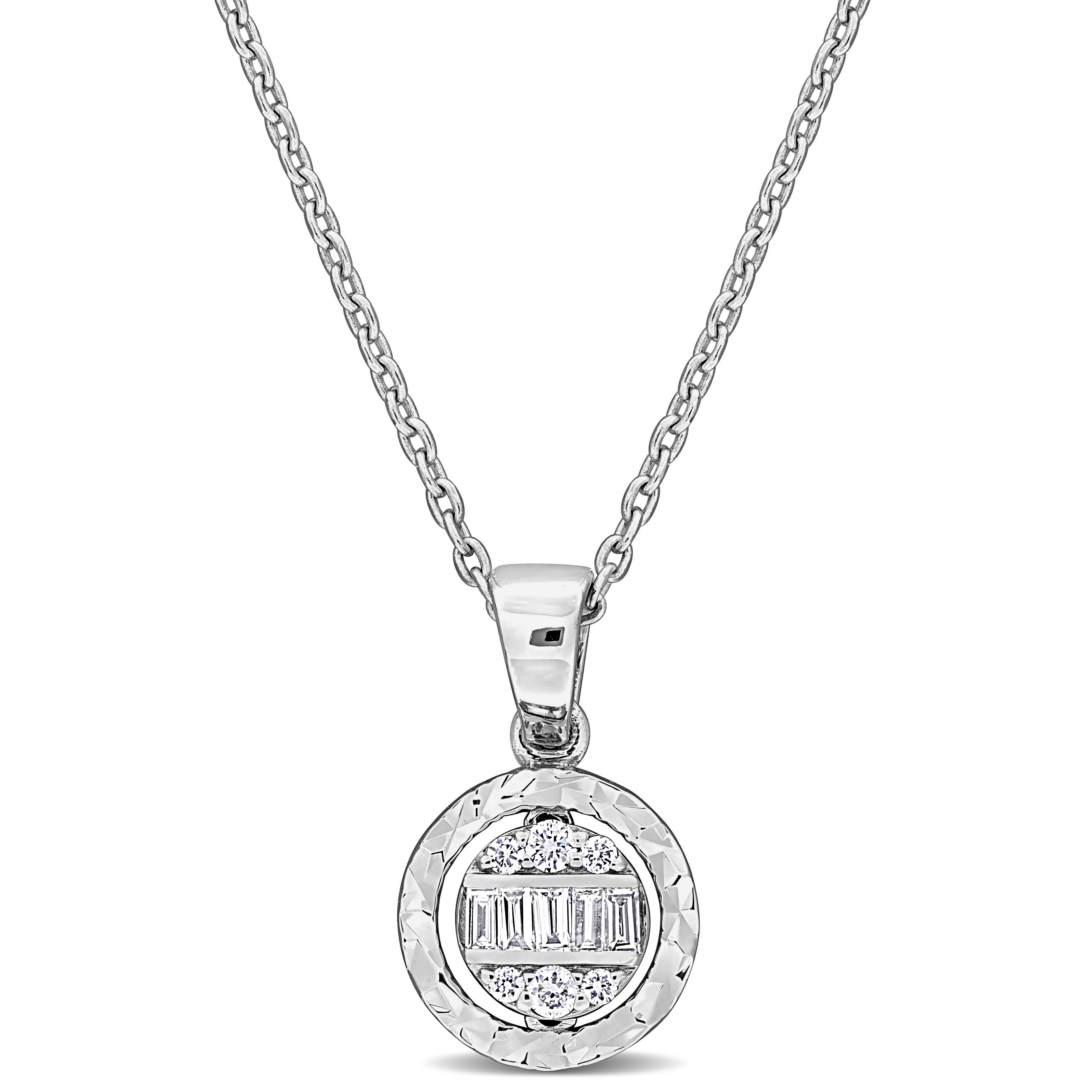 1/7 CT TDW Parallel Baguette and Round-Shaped Diamonds Halo Round Cluster Necklace in 14k White Gold - 16.5 in.