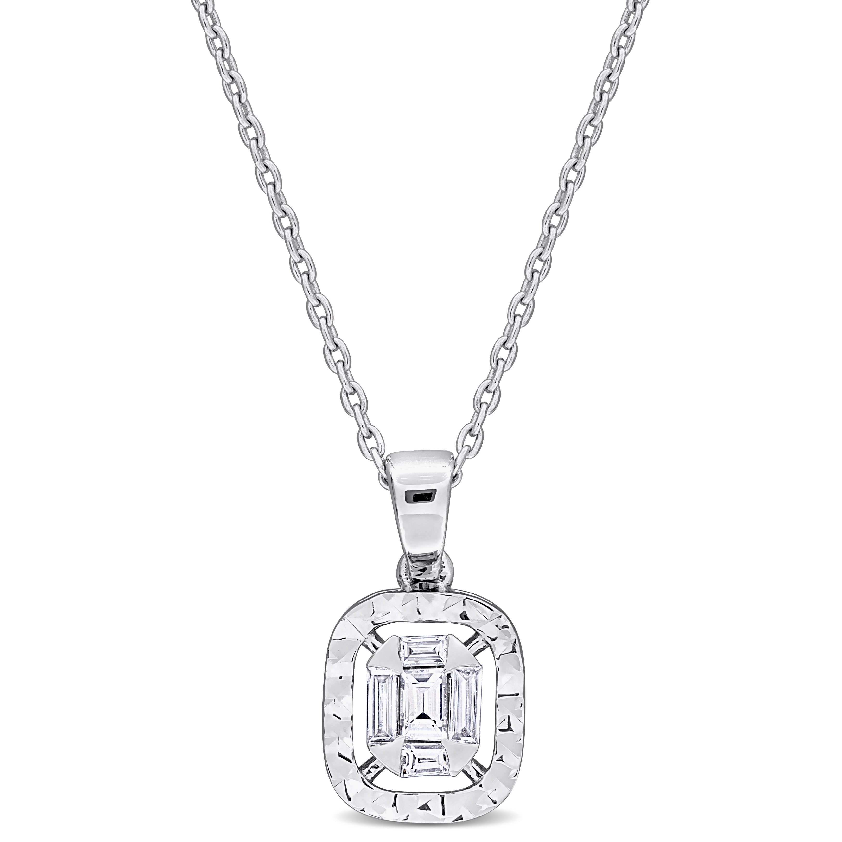 1/4 CT TDW Parallel Baguette-cut Diamond Halo Square Cluster Drop Necklace in 14k White Gold - 16 in.