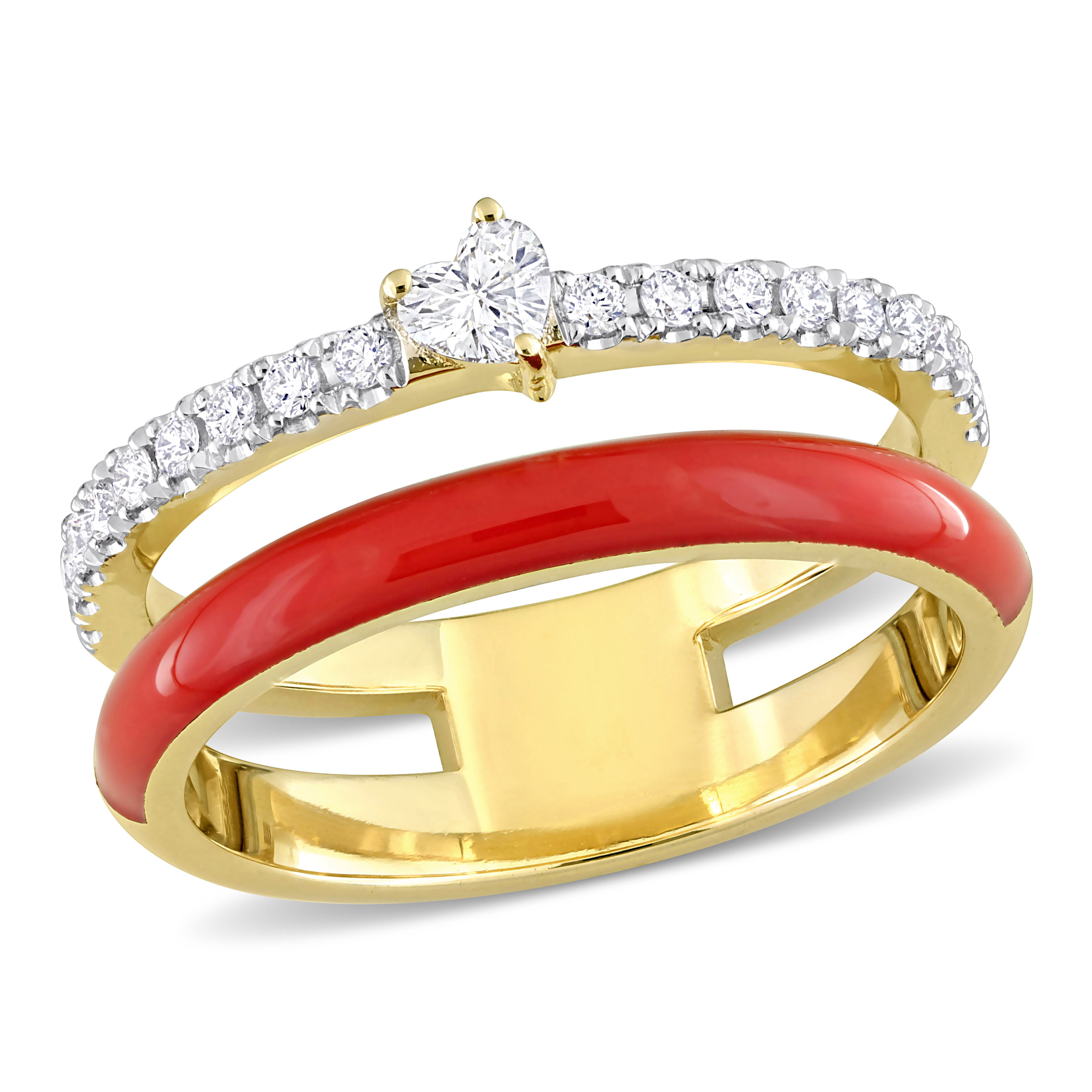 1/3 CT TDW Heart and Round-Shaped Diamonds Red Enamel Double Row Ring in 14k Yellow Gold