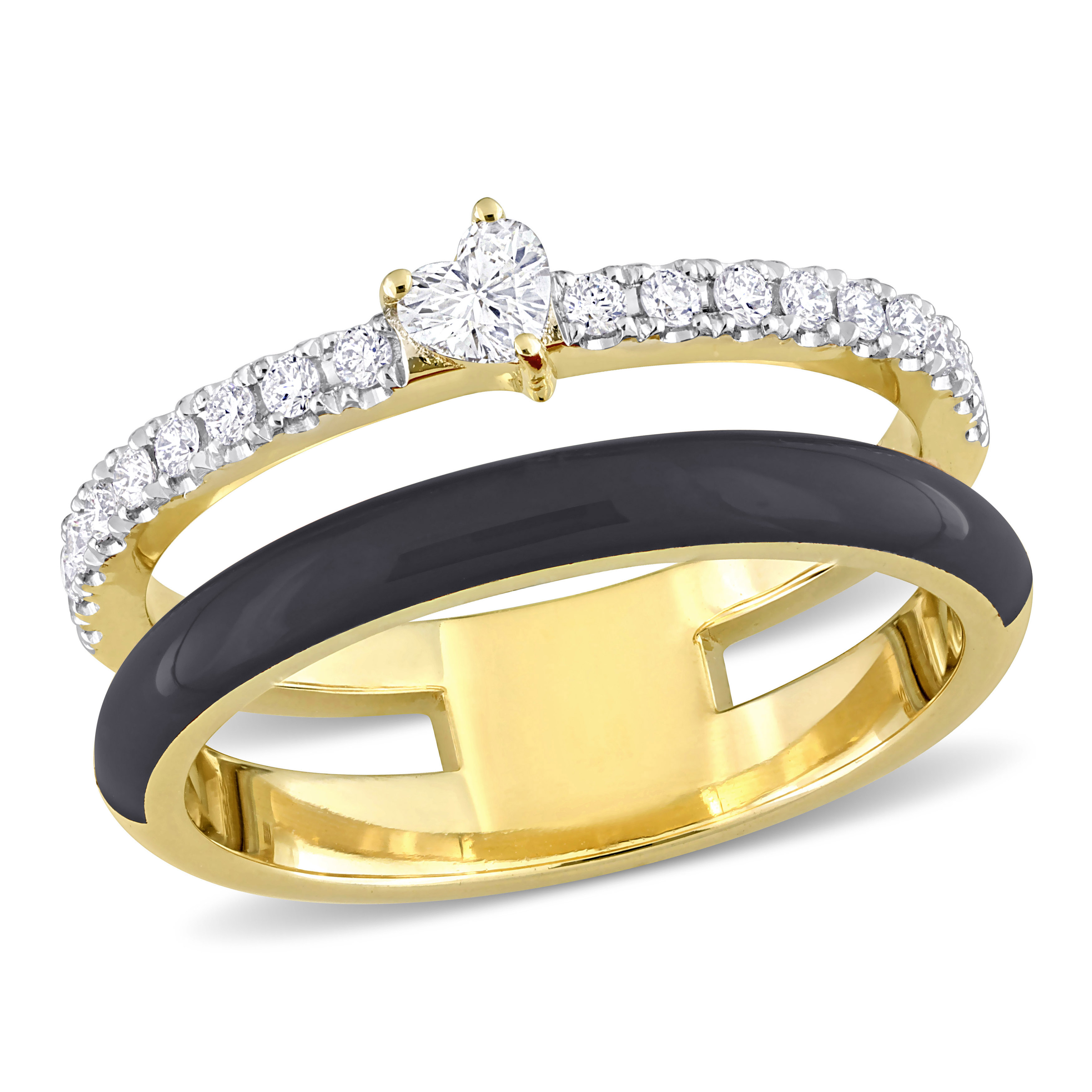 1/3 CT TDW Heart Shape Diamond and Black Enamel Double Row Ring in 14k Yellow Gold