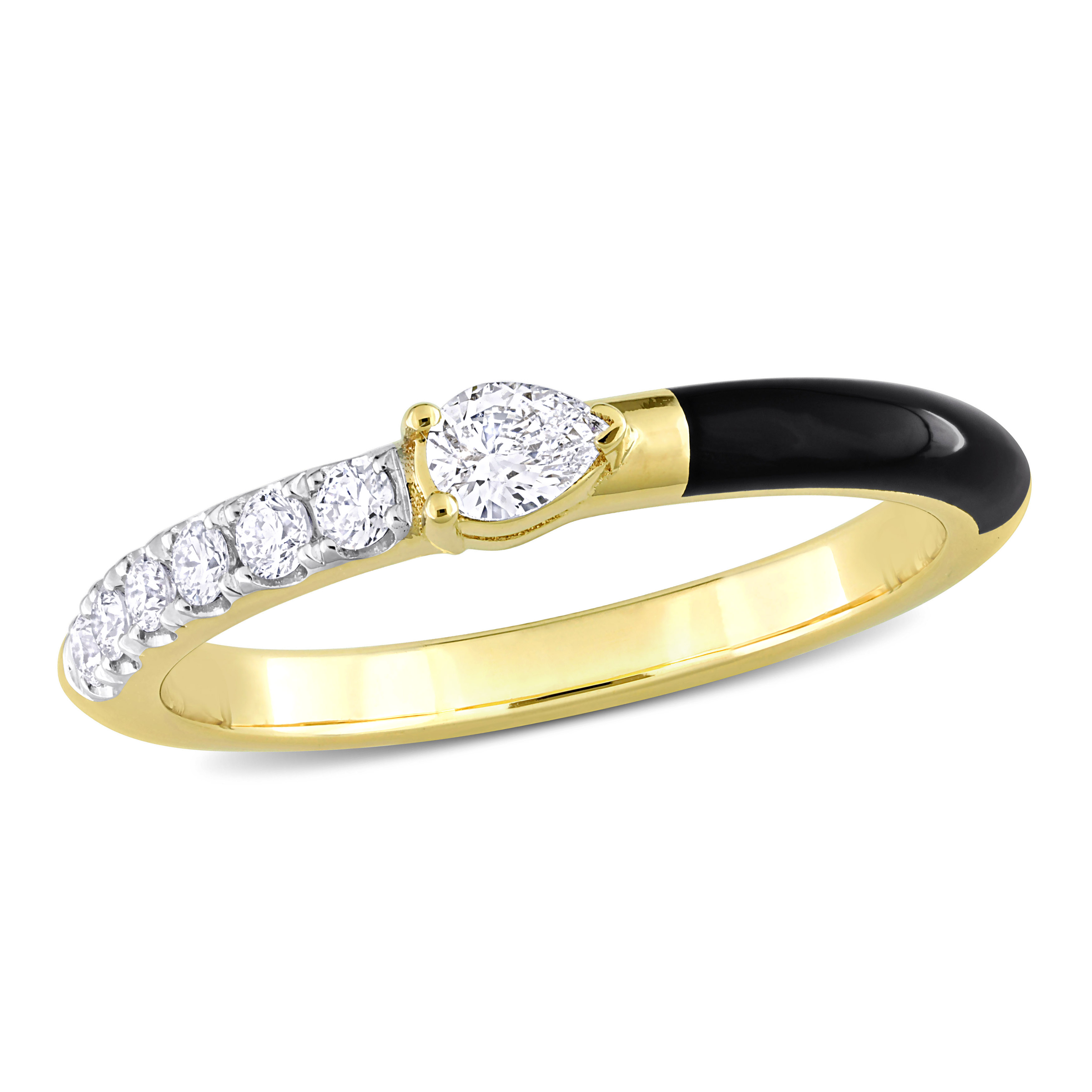 1/4 CT TDW Pear and Round-Shaped Diamonds Black Enamel Ring in 14k Yellow Gold