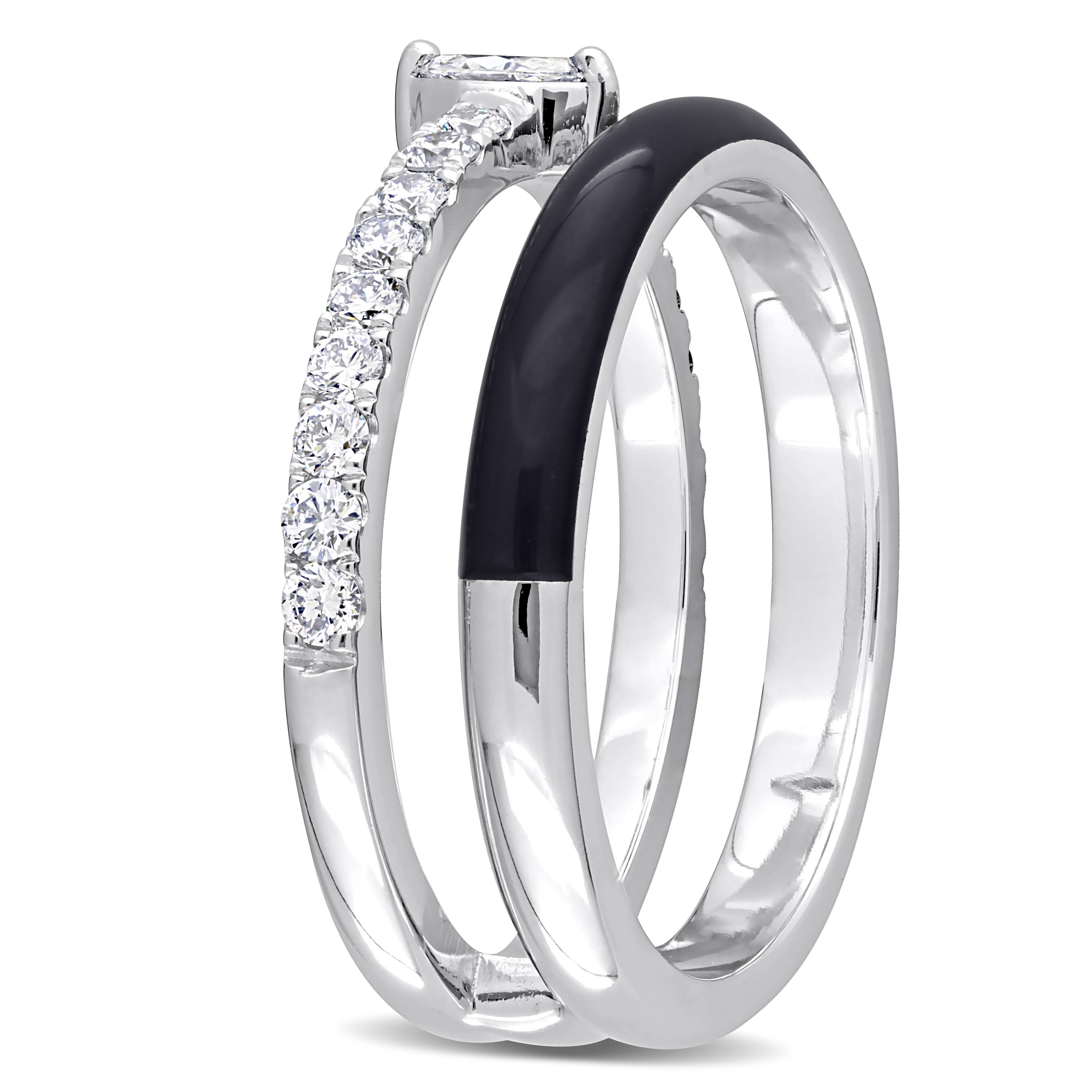 2/5 CT TDW Marquise-Cut and Round-Cut Diamond Black Enamel Double Row Ring in 14k White Gold
