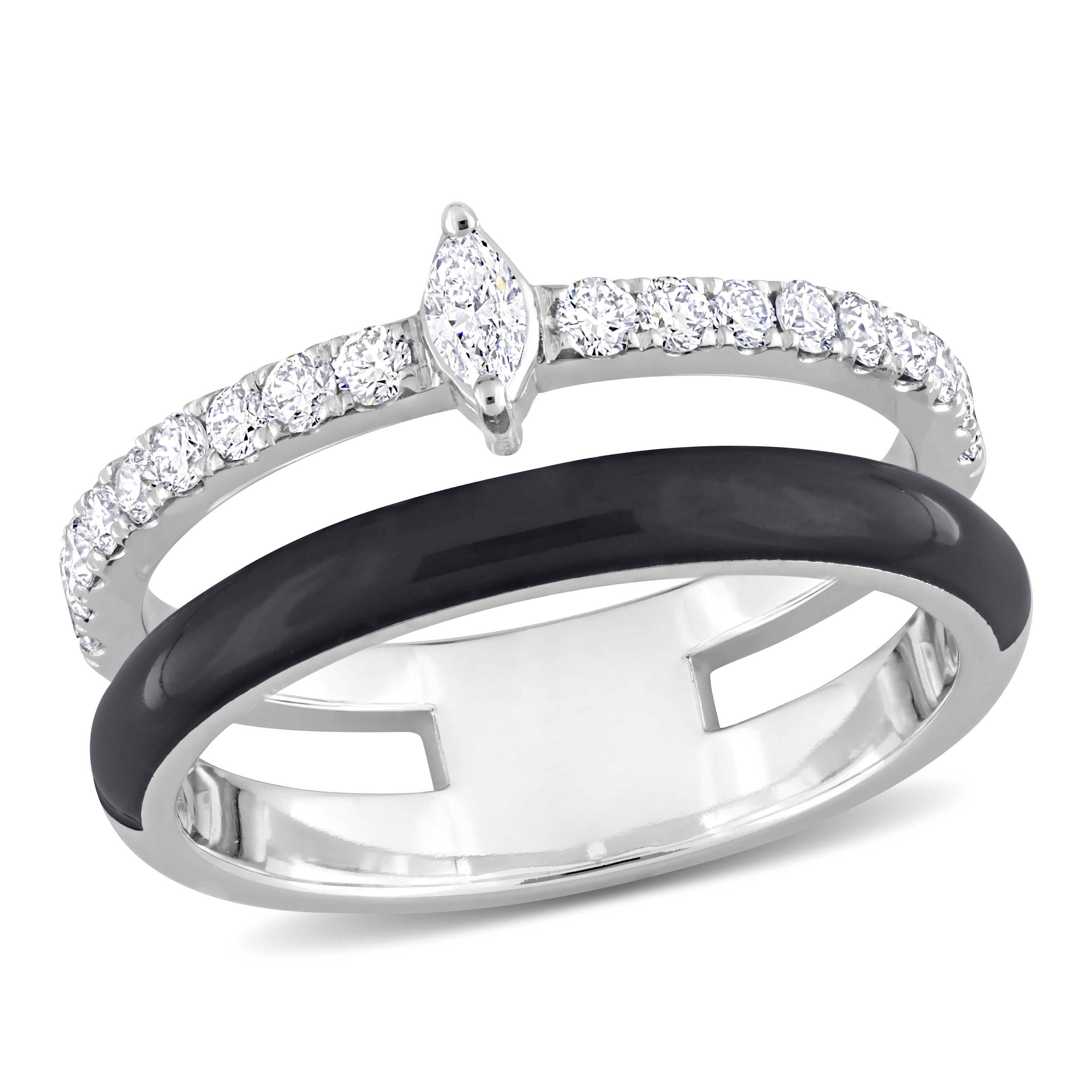 2/5 CT TDW Marquise-Cut and Round-Cut Diamond Black Enamel Double Row Ring in 14k White Gold