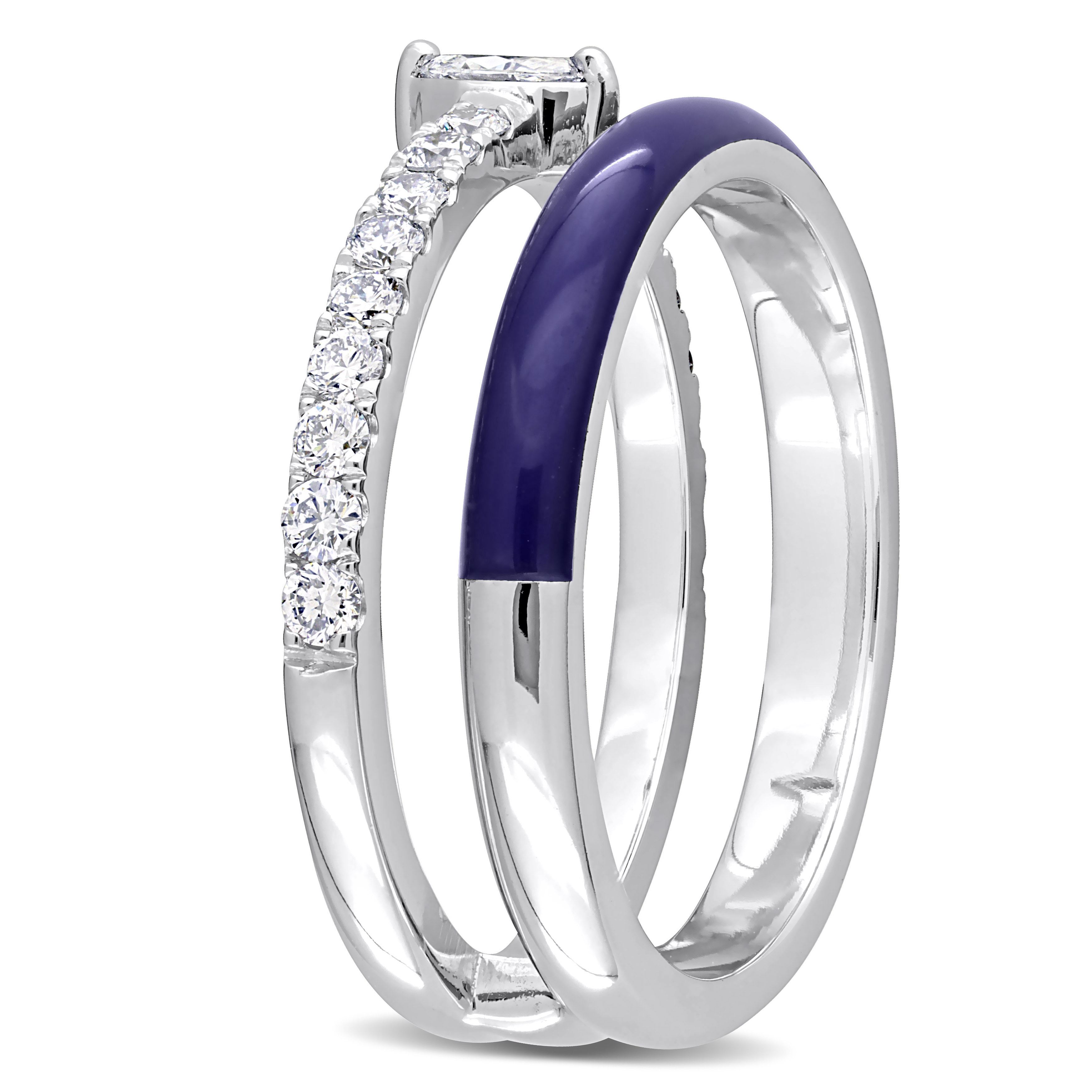 2/5 CT TDW Marquise and Round-Shaped Diamonds Blue Enamel Double Row Ring in 14k White Gold