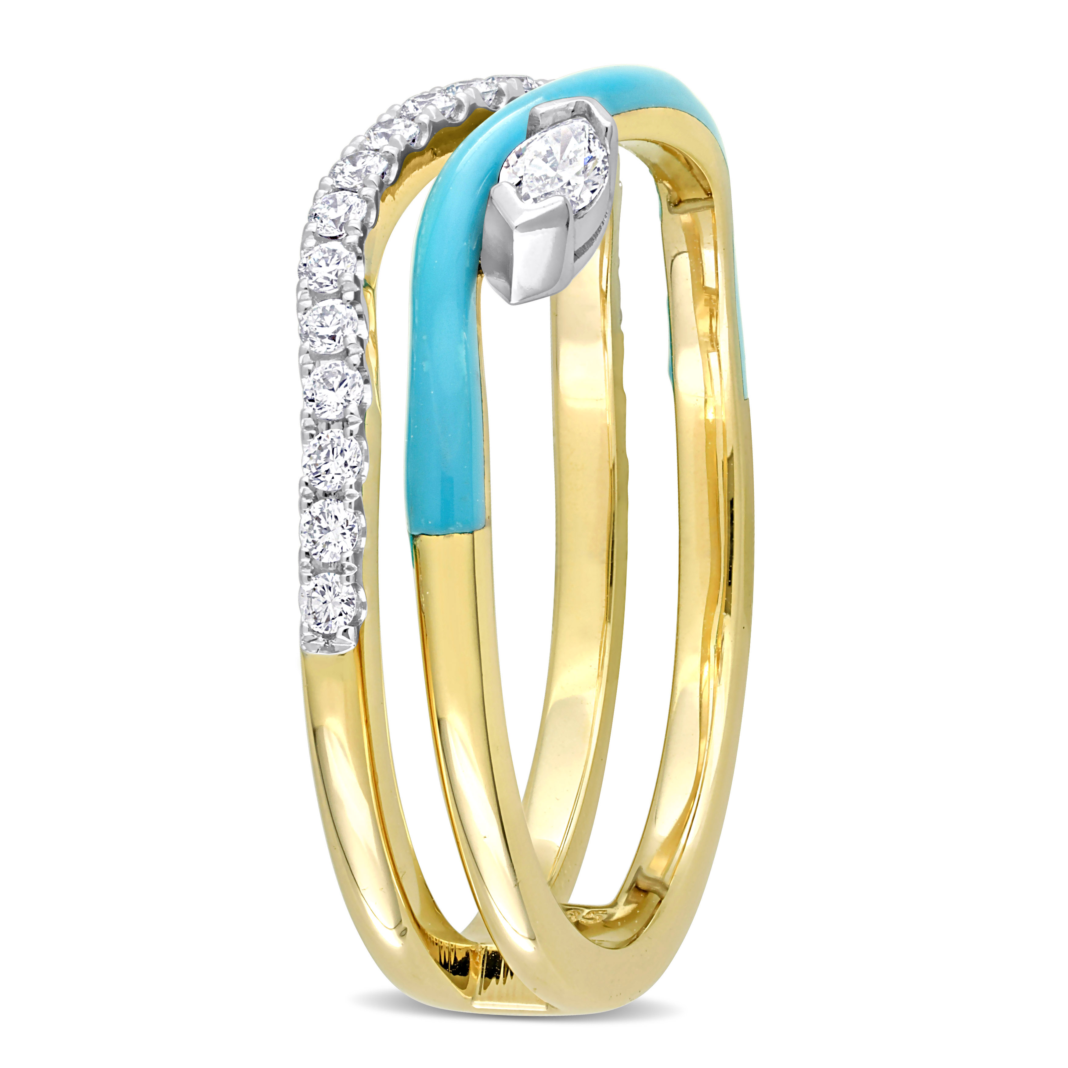 1/4 CT TDW Marquise and Round-Shaped Diamonds Blue Enamel Double Row Wave Ring in 14k Two-Tone White and Yellow Gold