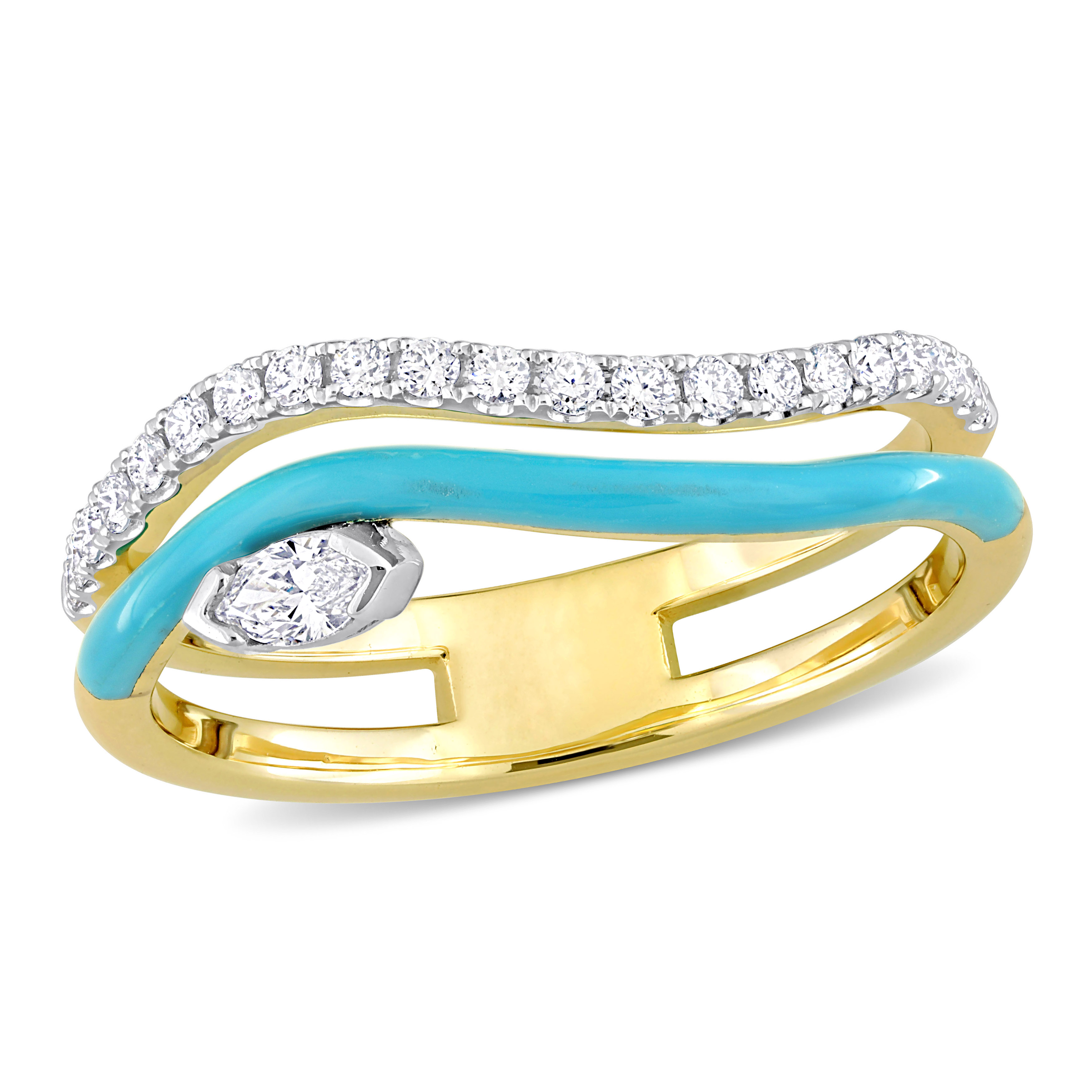 1/4 CT TDW Marquise and Round-Shaped Diamonds Blue Enamel Double Row Wave Ring in 14k Two-Tone White and Yellow Gold