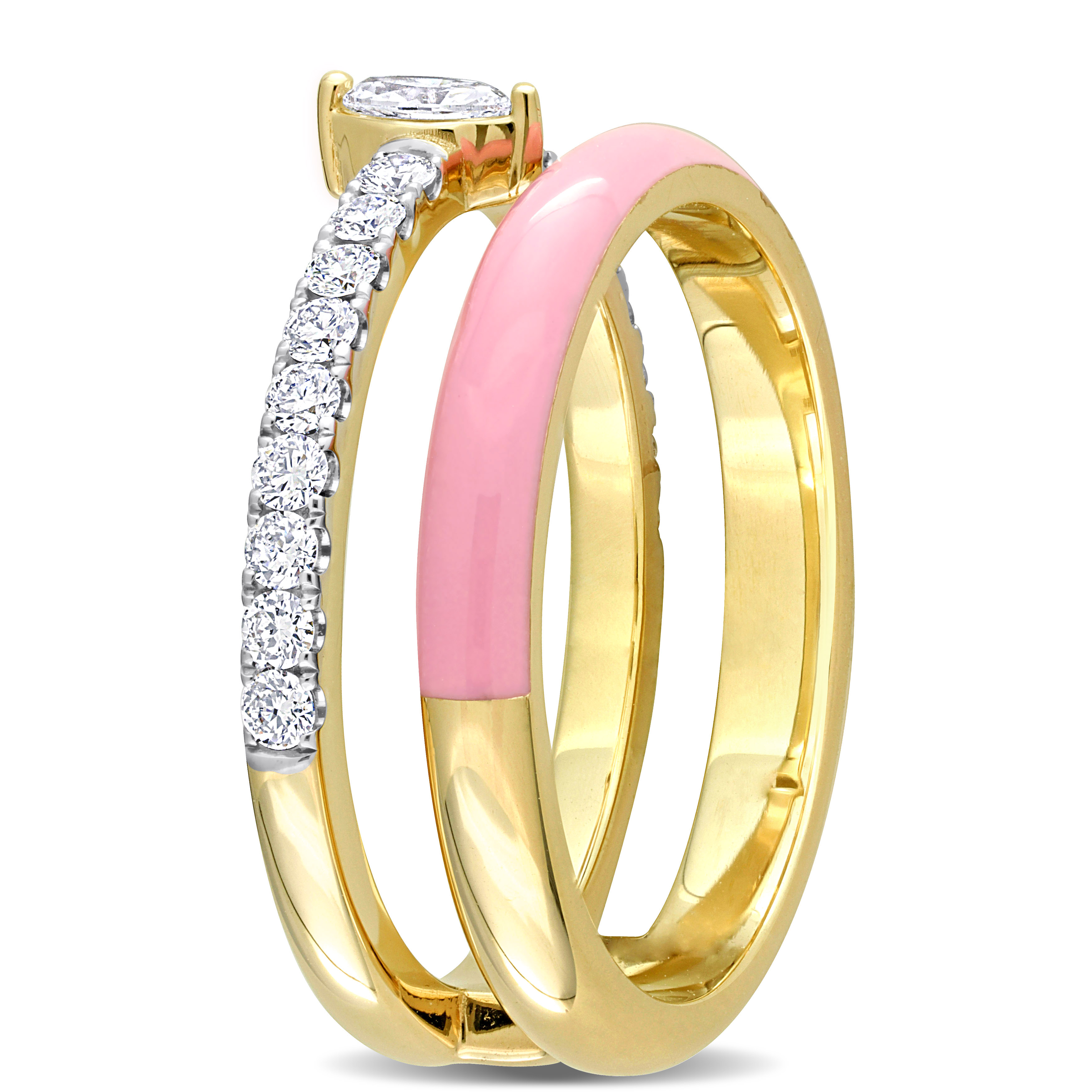 2/5 CT TDW Marquise and Round-Shaped Diamonds Pink Enamel Double Row Ring in 14k Yellow Gold