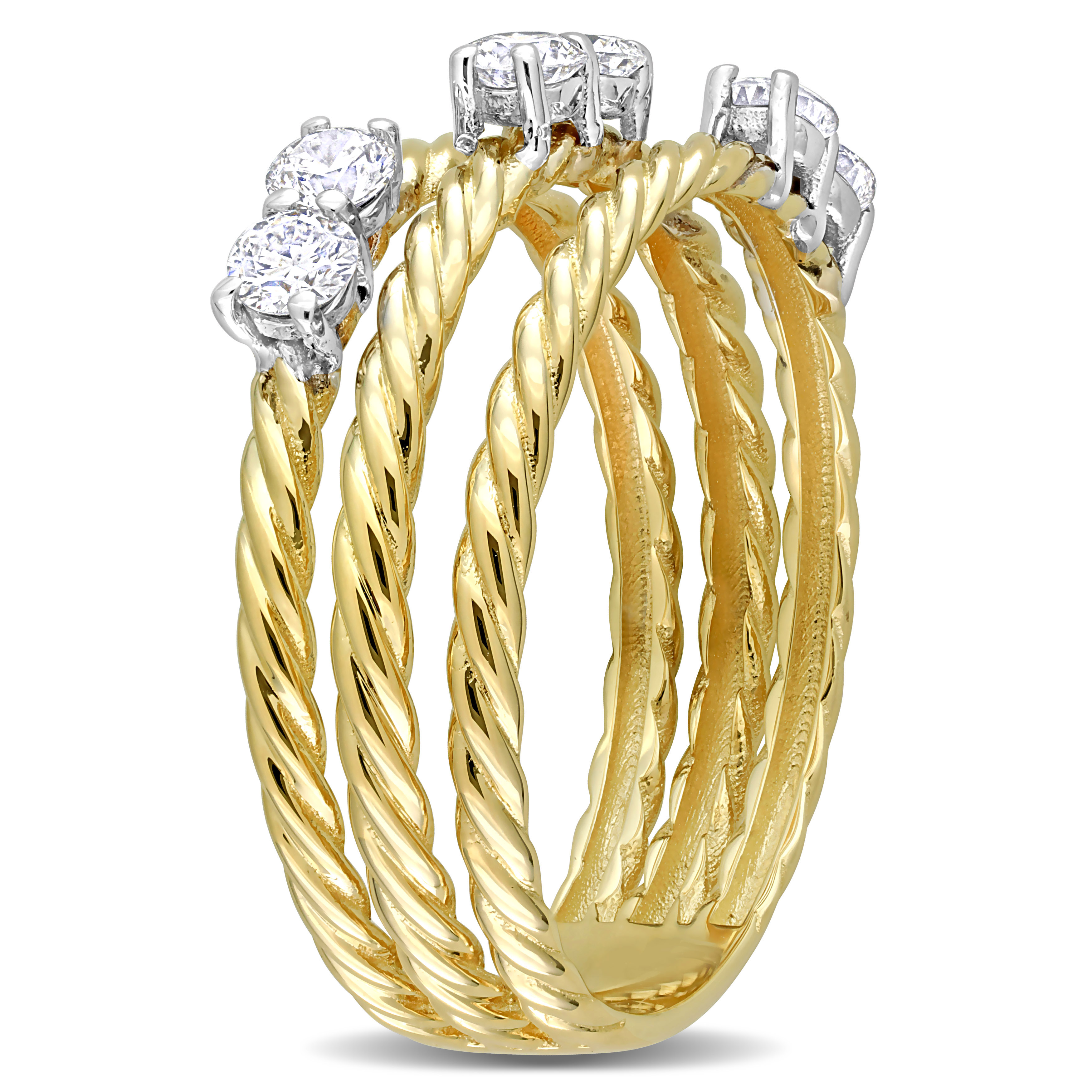 1/2 CT TDW Diamond Triple Row Twisted Rope Station Ring in 14k Two-Tone White and Yellow Gold