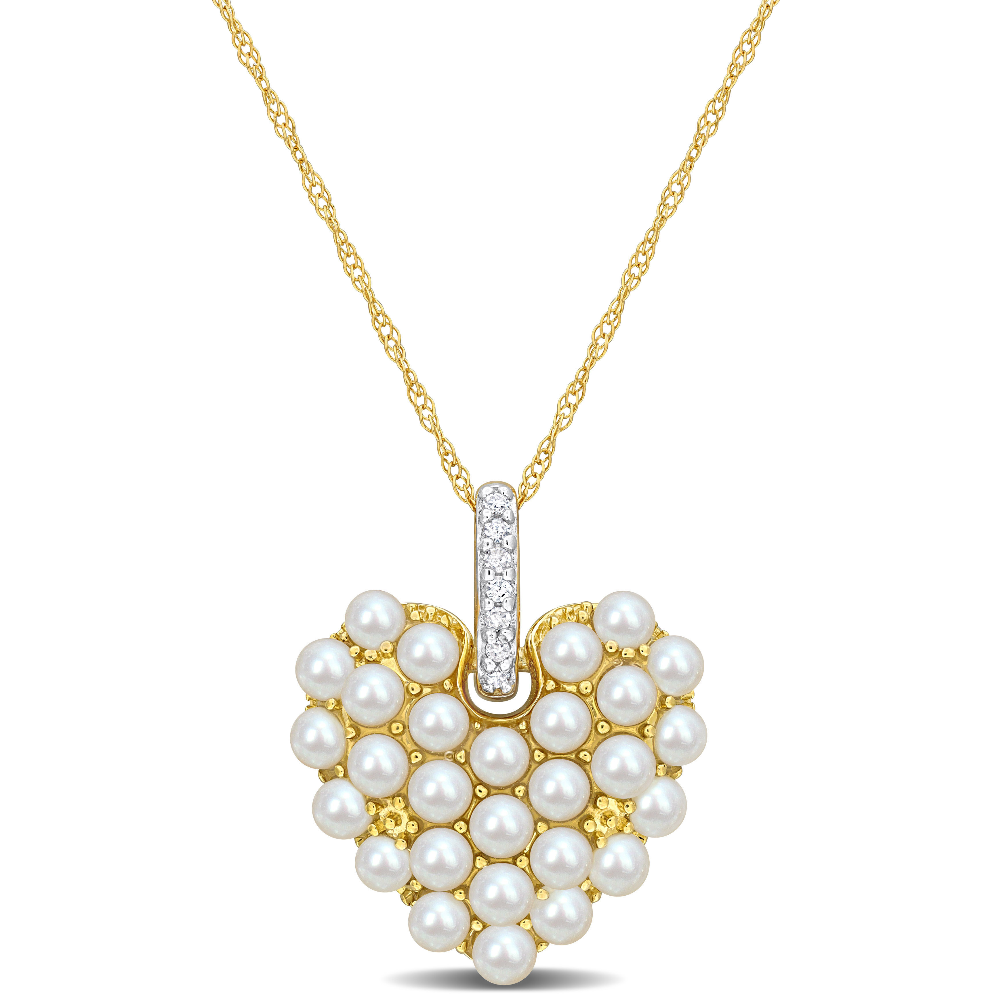 2-2.5mm Cultured Freshwater Pearl and Diamond Accent Pendant with Chain in 14k Yellow Gold - 17 in