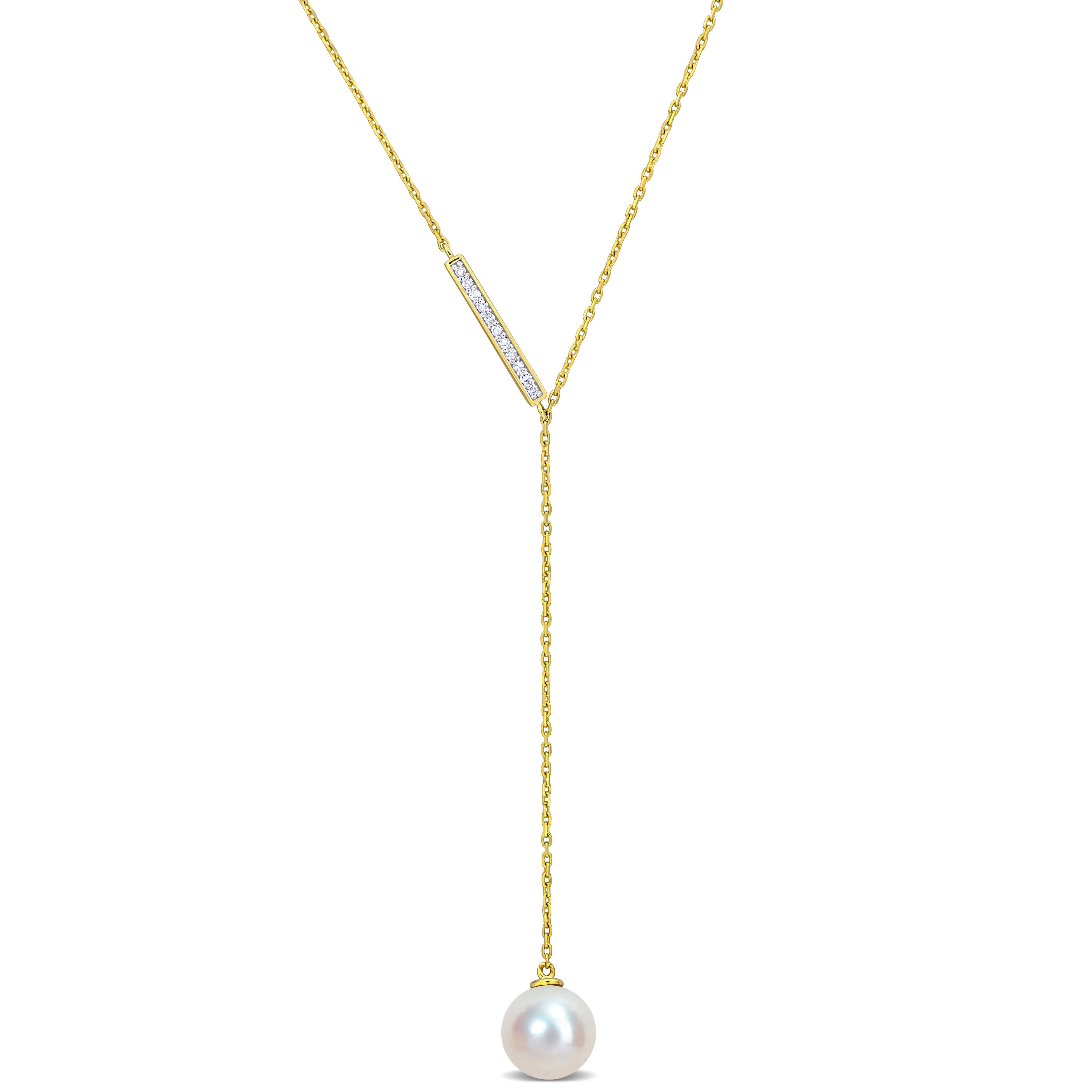 8-8.5 MM Cultured Freshwater Pearl and Diamond Accent Lariant Necklace in 10k Yellow Gold - 17 in.