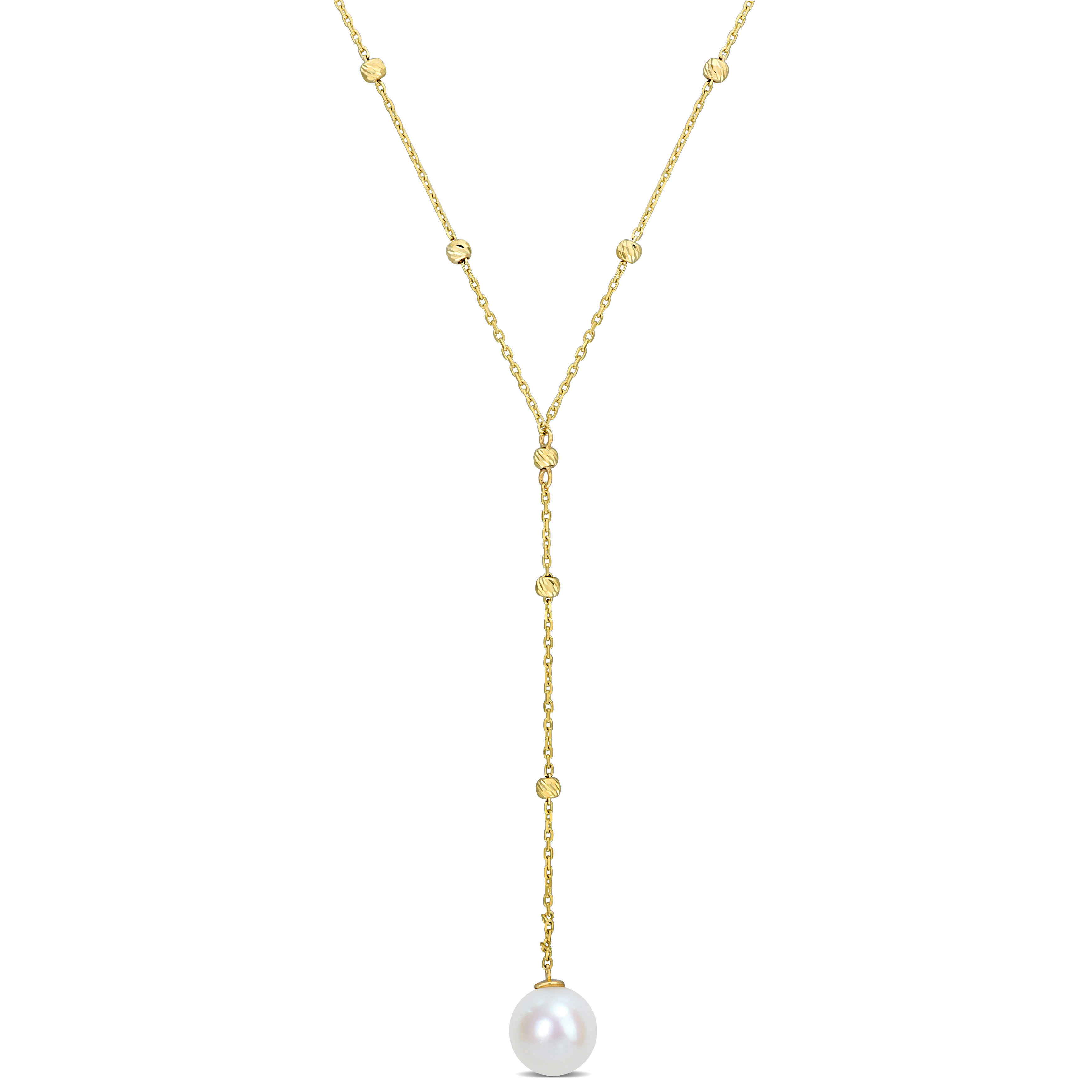 8-8.5 MM Cultured Freshwater Pearl Ball Station Lariant Necklace in 10k Yellow Gold - 16.5 in. + 1.5 in. extender