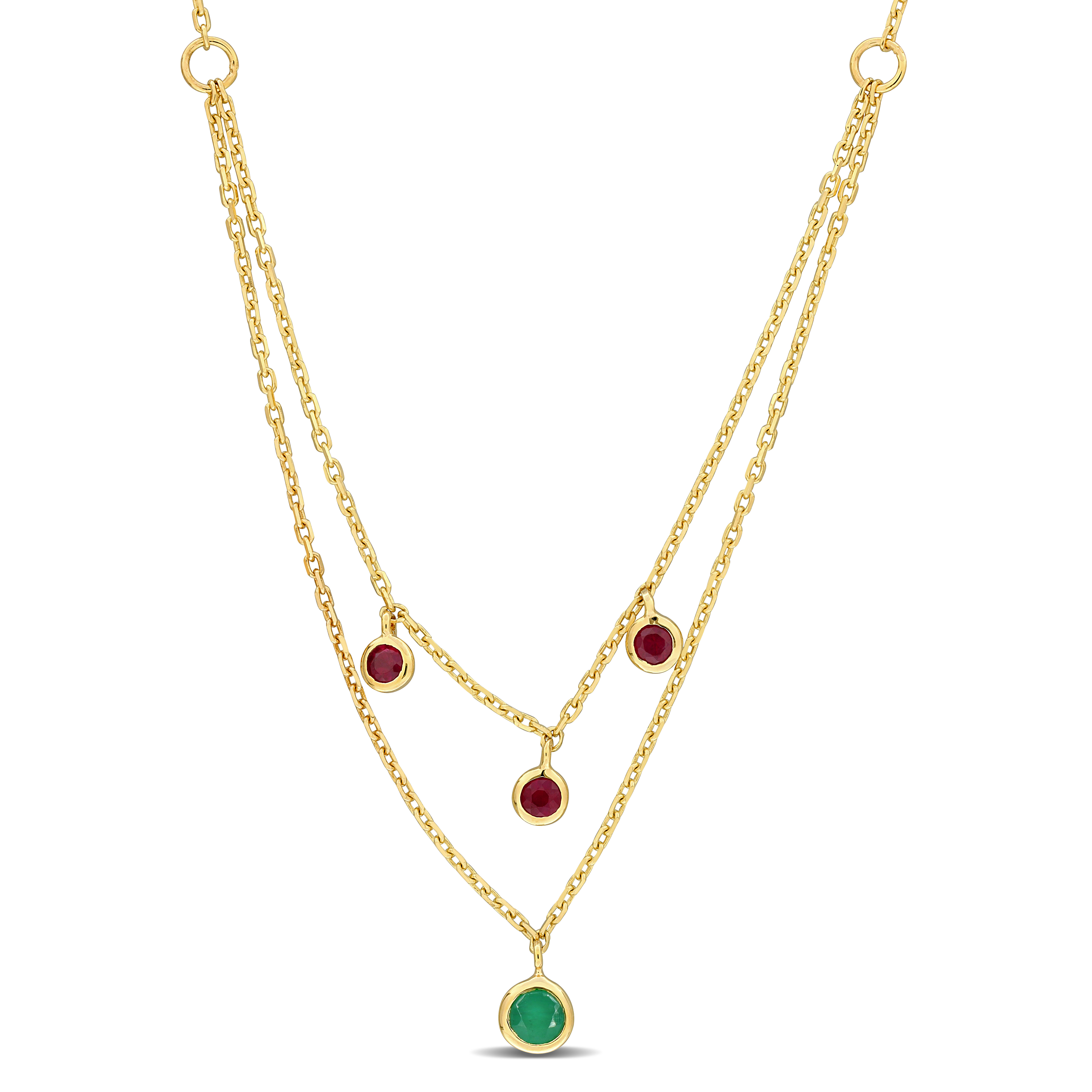 1/4 CT TGW Round Cut Emerald Two-Layer Necklace in 10k Yellow Gold - 16.5 in