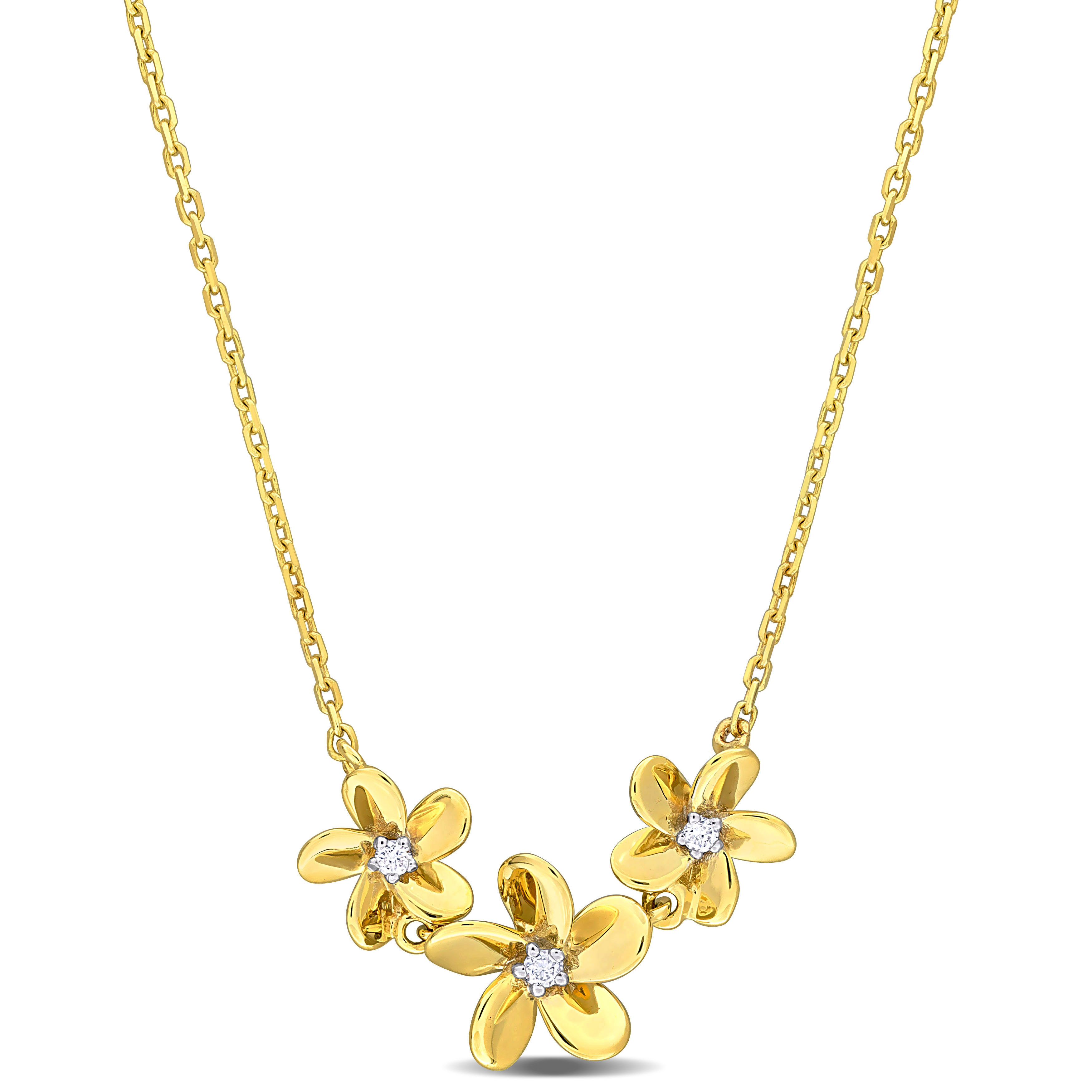 Diamond Accent Floral Bar Necklace in 10k Yellow Gold - 17 in
