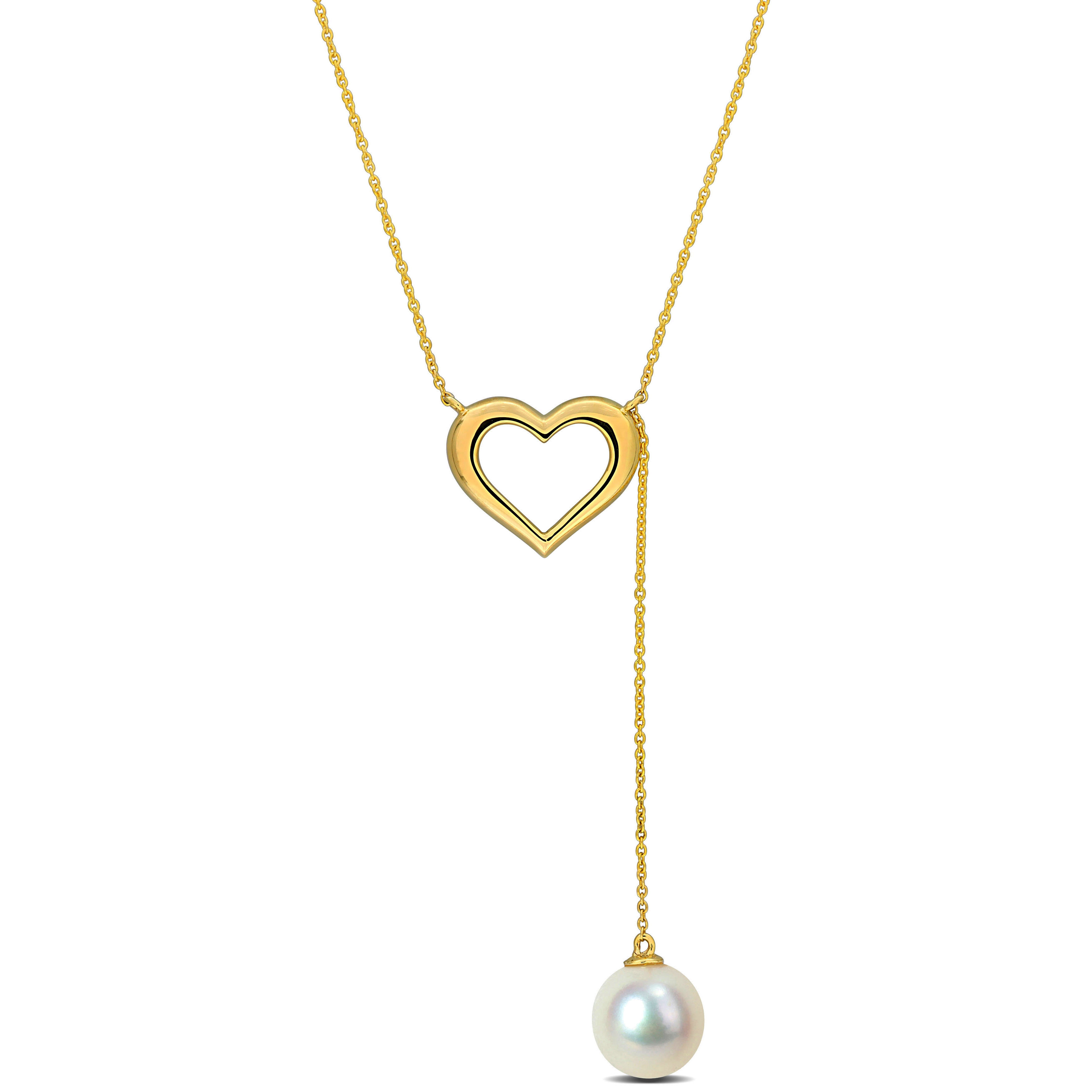 8-8.5 MM Cultured Freshwater Pearl Heart Lariat Necklace in 10k Yellow Gold - 17+1 in