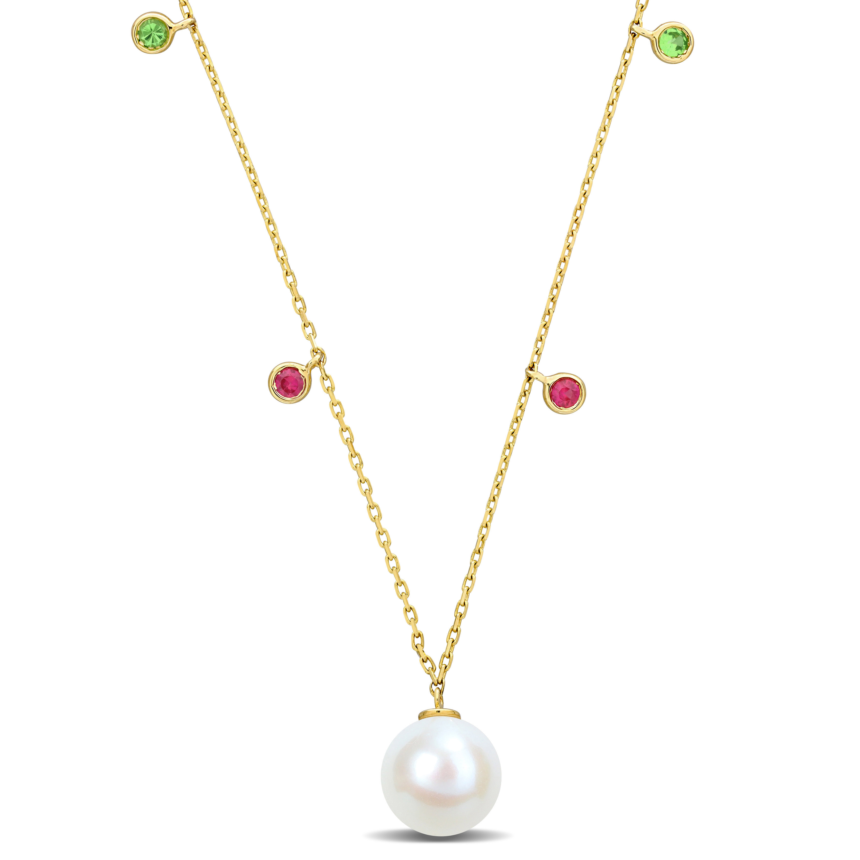 8-8.5 MM Freshwater Cultured Pearl 1/5ct TGW Tsavorite & Pink Sapphire Drop Station Necklace in 10k Yellow Gold